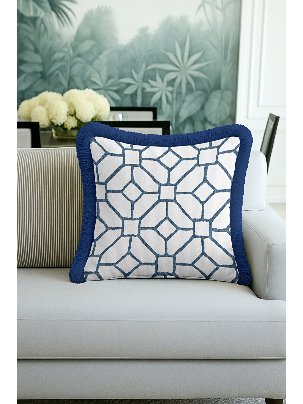 Karışık Geometrik Modern Saçaklı Yastık Kılıfı - Minimal İskandinav Mavi Beyaz Püsküllü Kırlent Kılıfı-1