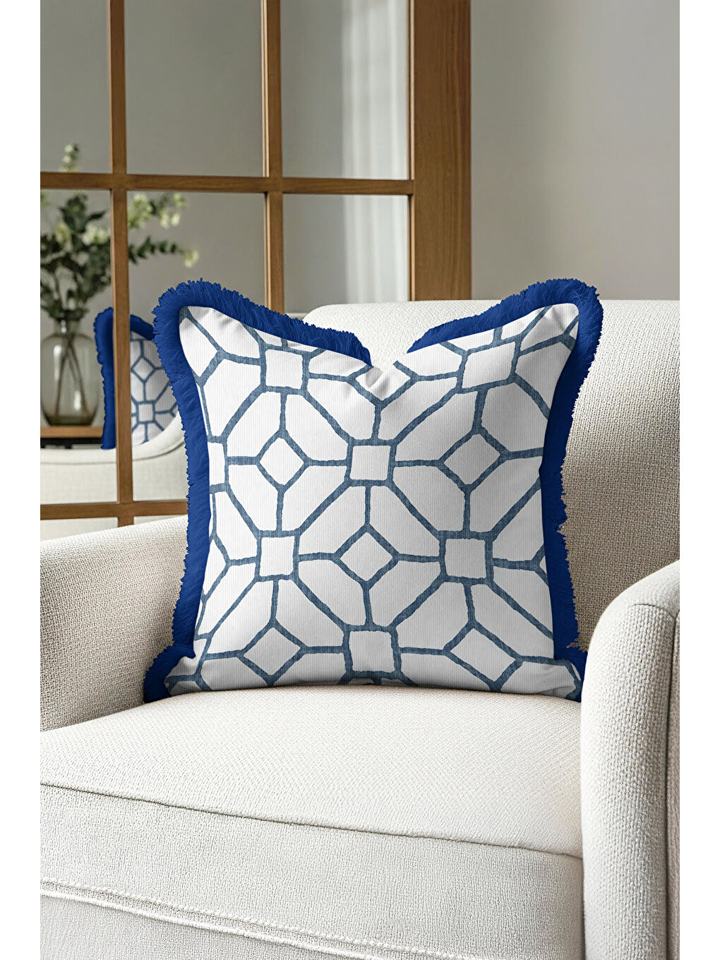 Karışık Geometrik Modern Saçaklı Yastık Kılıfı - Minimal İskandinav Mavi Beyaz Püsküllü Kırlent Kılıfı-4