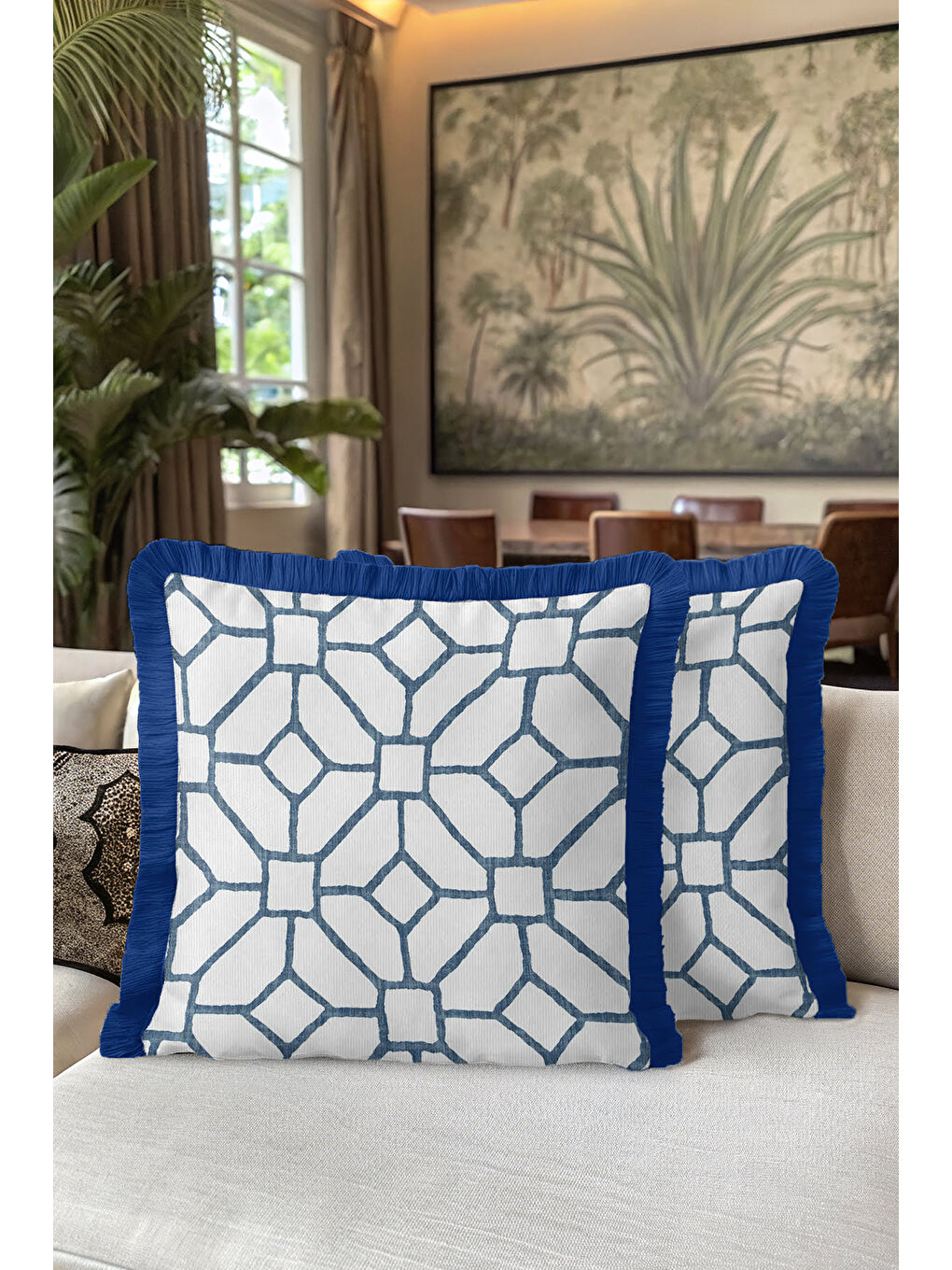 Karışık Geometrik Modern Saçaklı Yastık Kılıfı - Minimal İskandinav Mavi Beyaz Püsküllü Kırlent Kılıfı-5
