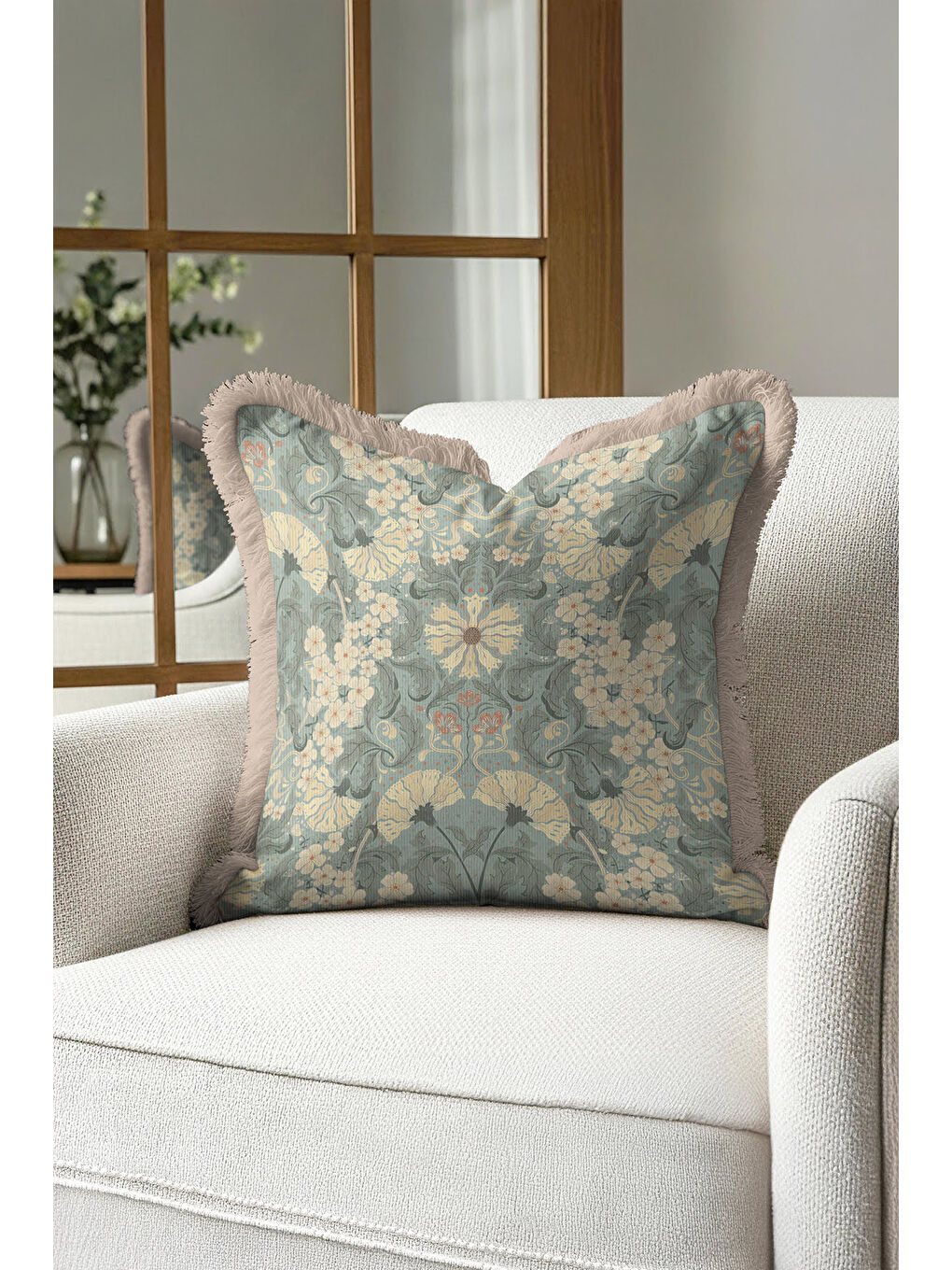 Karışık Art Nouveau Çiçekli Saçaklı Yastık Kılıfı - Vintage Bohem Yeşil Krem Püsküllü Kırlent Kılıfı