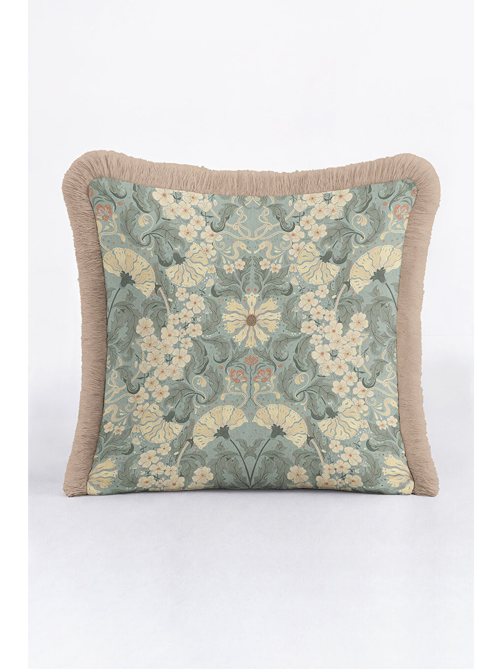 Karışık Art Nouveau Çiçekli Saçaklı Yastık Kılıfı - Vintage Bohem Yeşil Krem Püsküllü Kırlent Kılıfı-1