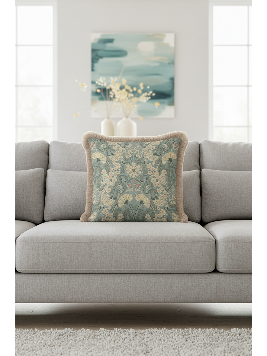 Karışık Art Nouveau Çiçekli Saçaklı Yastık Kılıfı - Vintage Bohem Yeşil Krem Püsküllü Kırlent Kılıfı-2