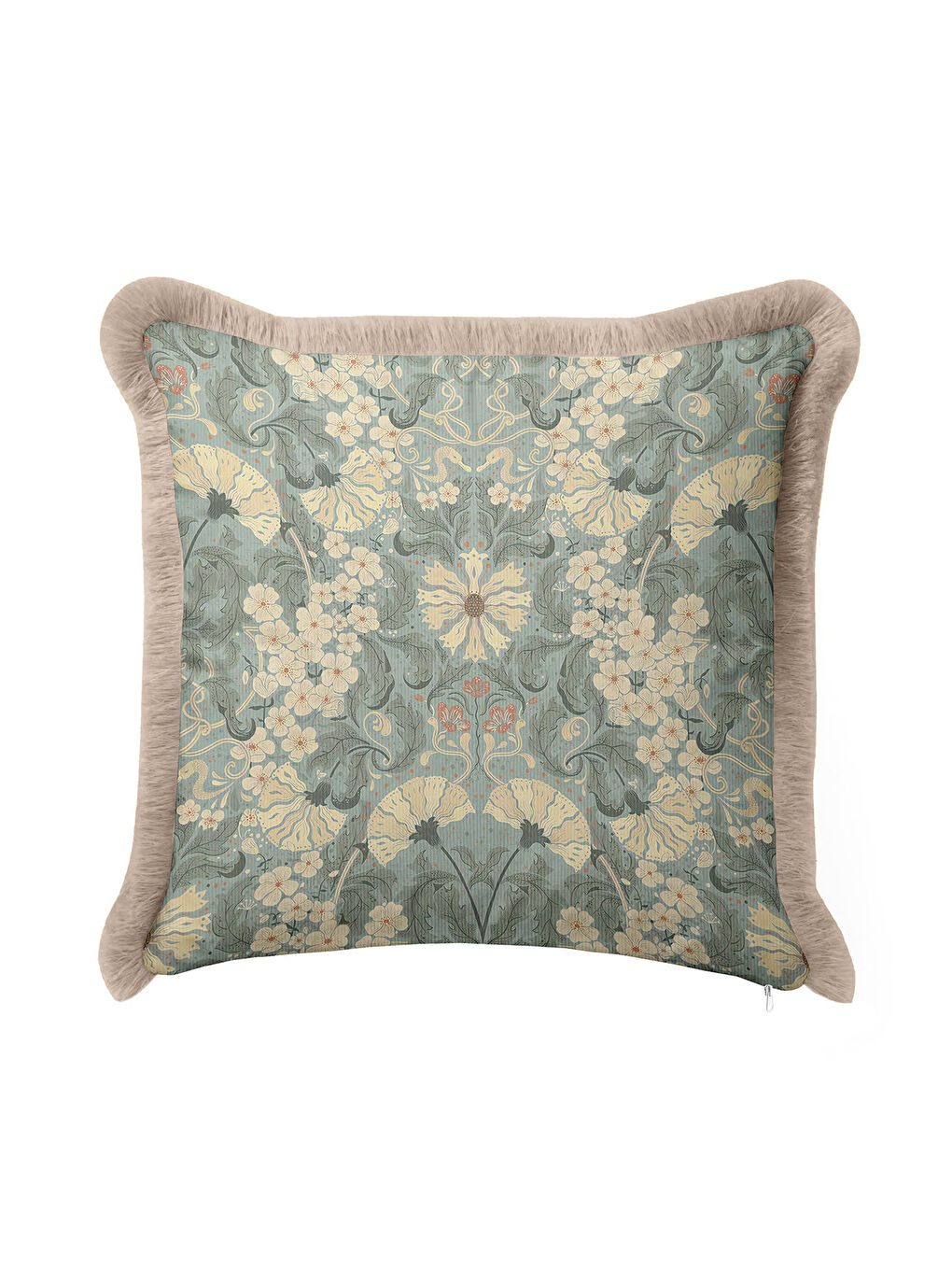 Karışık Art Nouveau Çiçekli Saçaklı Yastık Kılıfı - Vintage Bohem Yeşil Krem Püsküllü Kırlent Kılıfı-3