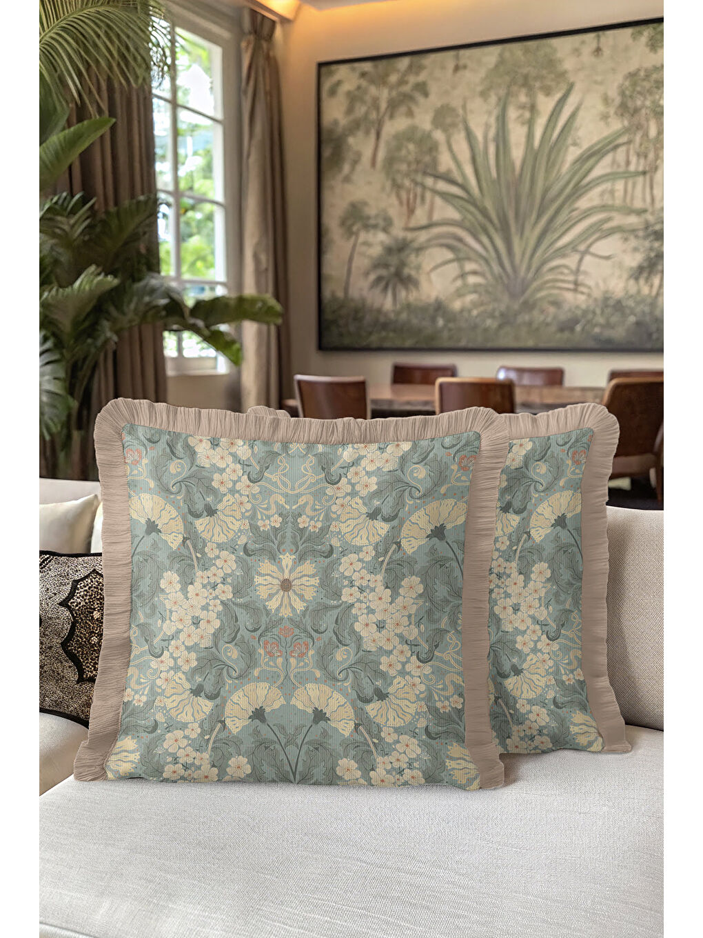 Karışık Art Nouveau Çiçekli Saçaklı Yastık Kılıfı - Vintage Bohem Yeşil Krem Püsküllü Kırlent Kılıfı-5