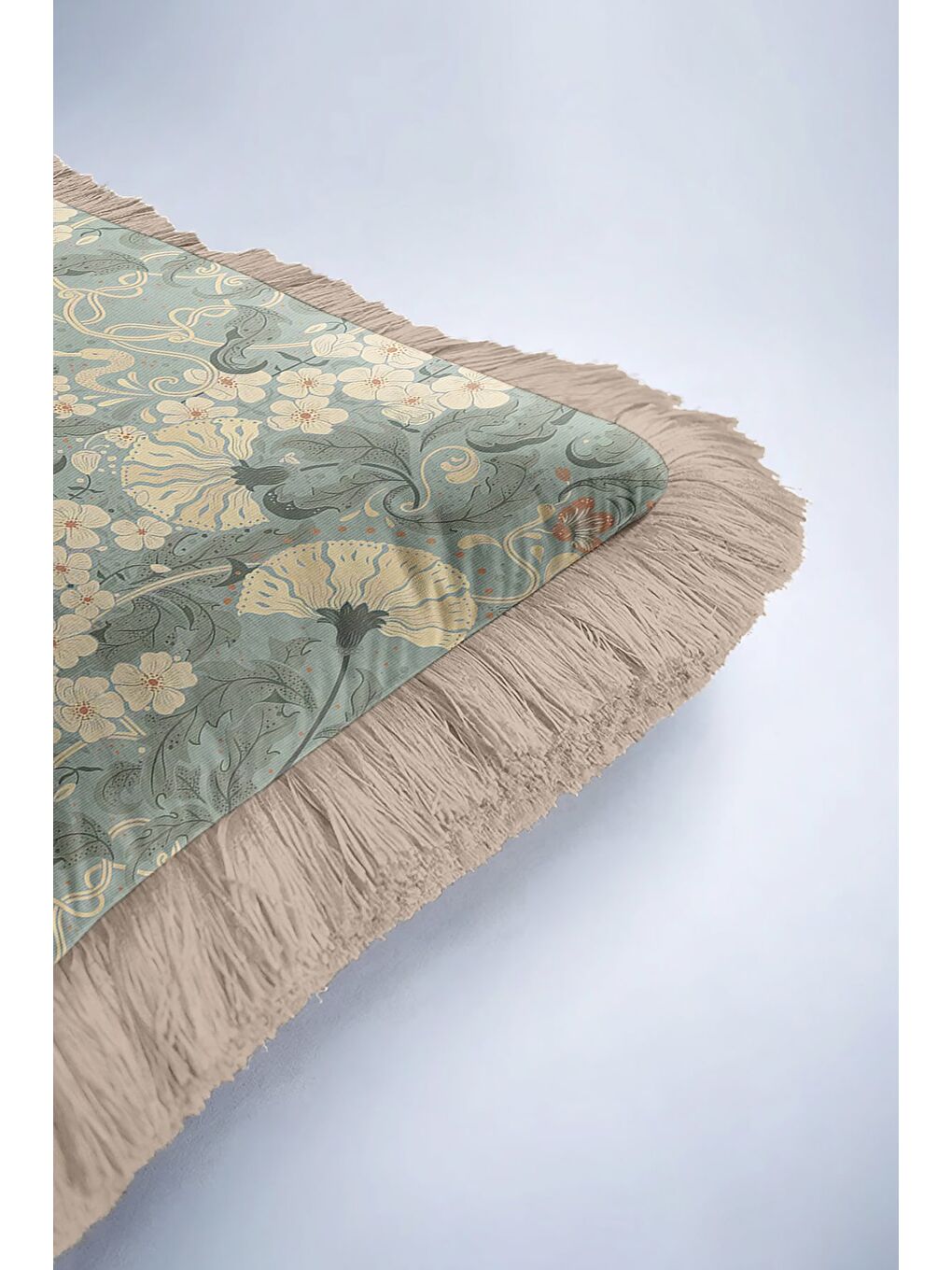 Karışık Art Nouveau Çiçekli Saçaklı Yastık Kılıfı - Vintage Bohem Yeşil Krem Püsküllü Kırlent Kılıfı-6