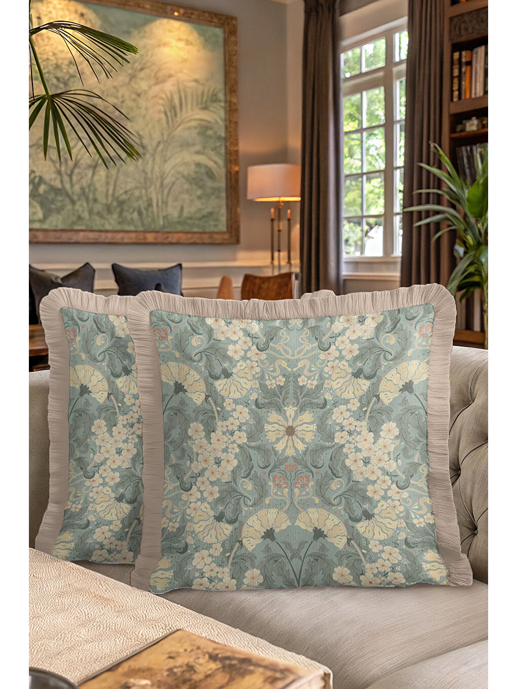 Karışık Art Nouveau Çiçekli Saçaklı Yastık Kılıfı - Vintage Bohem Yeşil Krem Püsküllü Kırlent Kılıfı-7