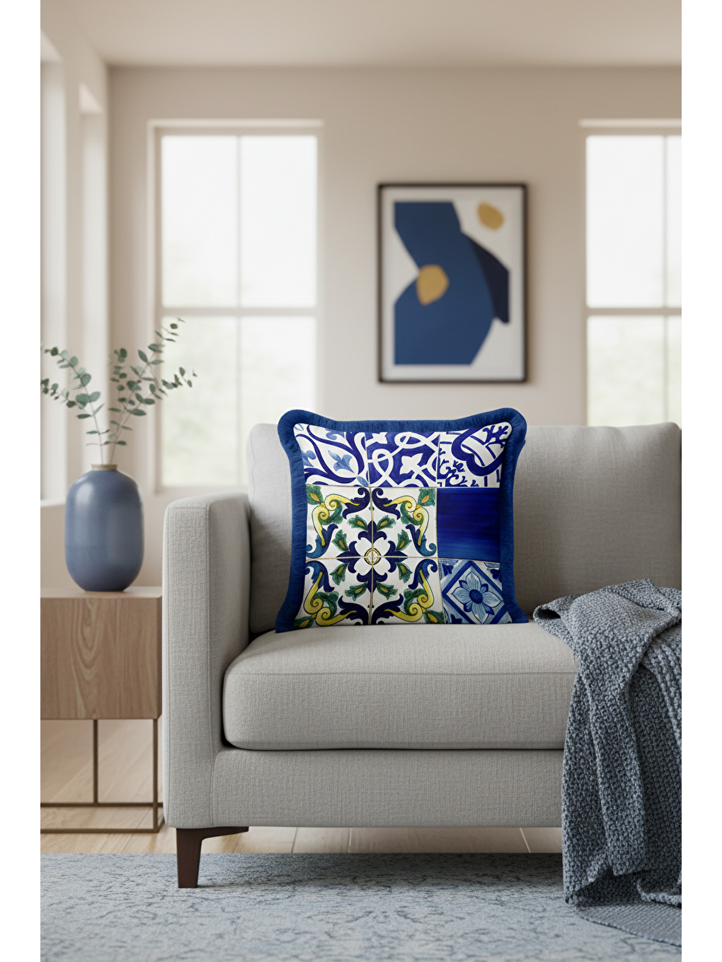 Karışık Akdeniz Motifli Saçaklı Yastık Kılıfı - El İşlemeli Etnik Mavi Yeşil Püsküllü Kırlent Kılıfı-2