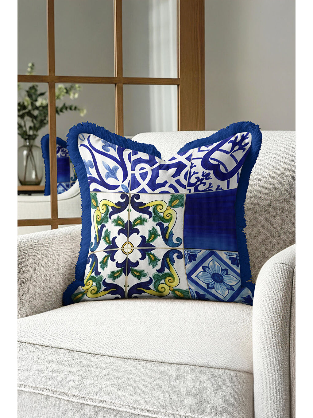 Karışık Akdeniz Motifli Saçaklı Yastık Kılıfı - El İşlemeli Etnik Mavi Yeşil Püsküllü Kırlent Kılıfı-3