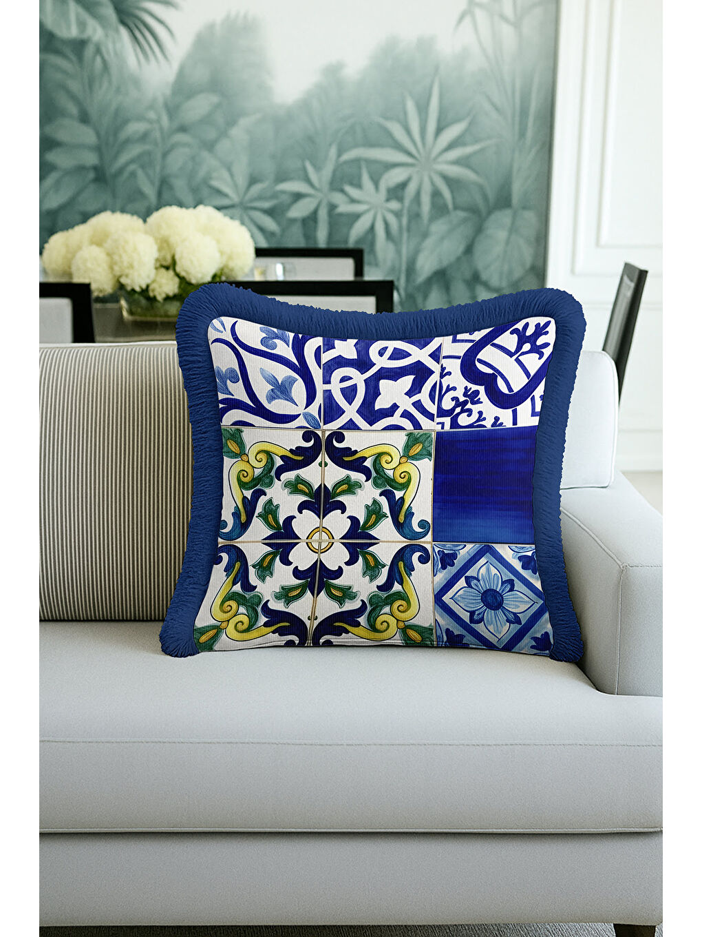 Karışık Akdeniz Motifli Saçaklı Yastık Kılıfı - El İşlemeli Etnik Mavi Yeşil Püsküllü Kırlent Kılıfı-4