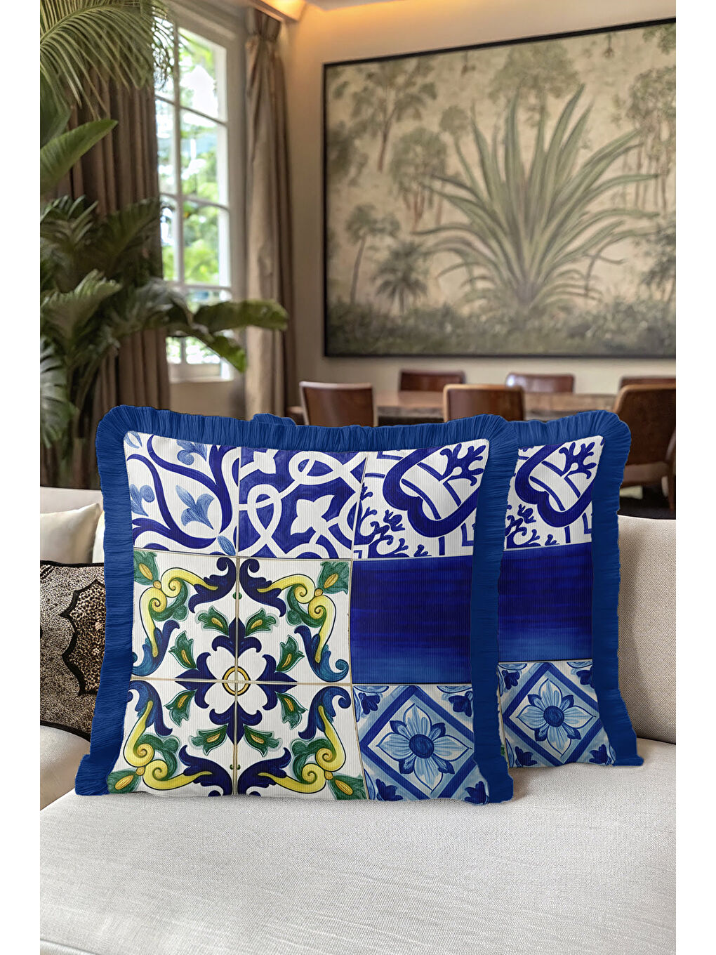 Karışık Akdeniz Motifli Saçaklı Yastık Kılıfı - El İşlemeli Etnik Mavi Yeşil Püsküllü Kırlent Kılıfı-5