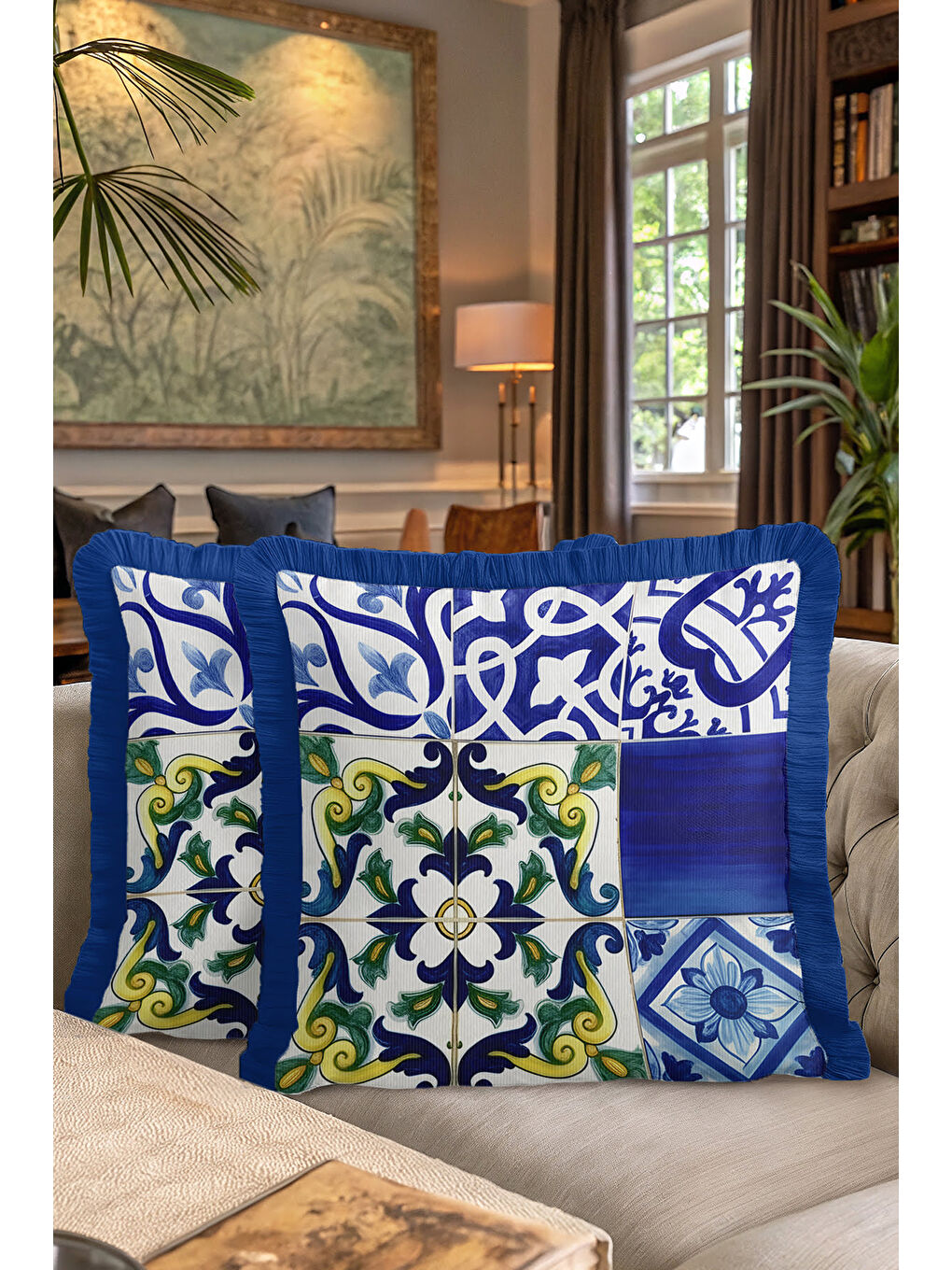 Karışık Akdeniz Motifli Saçaklı Yastık Kılıfı - El İşlemeli Etnik Mavi Yeşil Püsküllü Kırlent Kılıfı-7