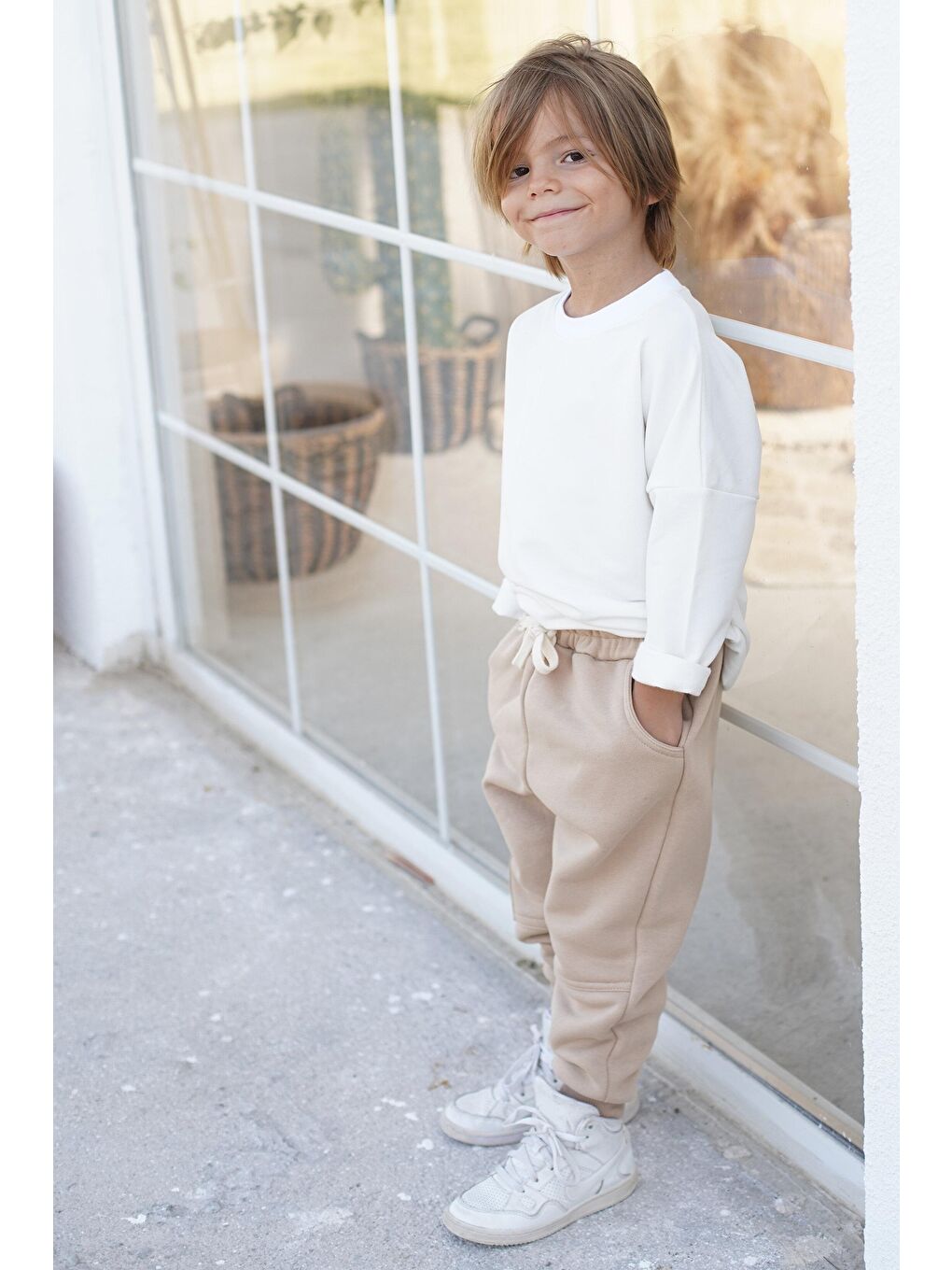 Bej Çocuk Eşofman Takım - Vizon 3 İplik Şardonlu Yandan Cepli Eşofman - Krem Penye Sweat-1