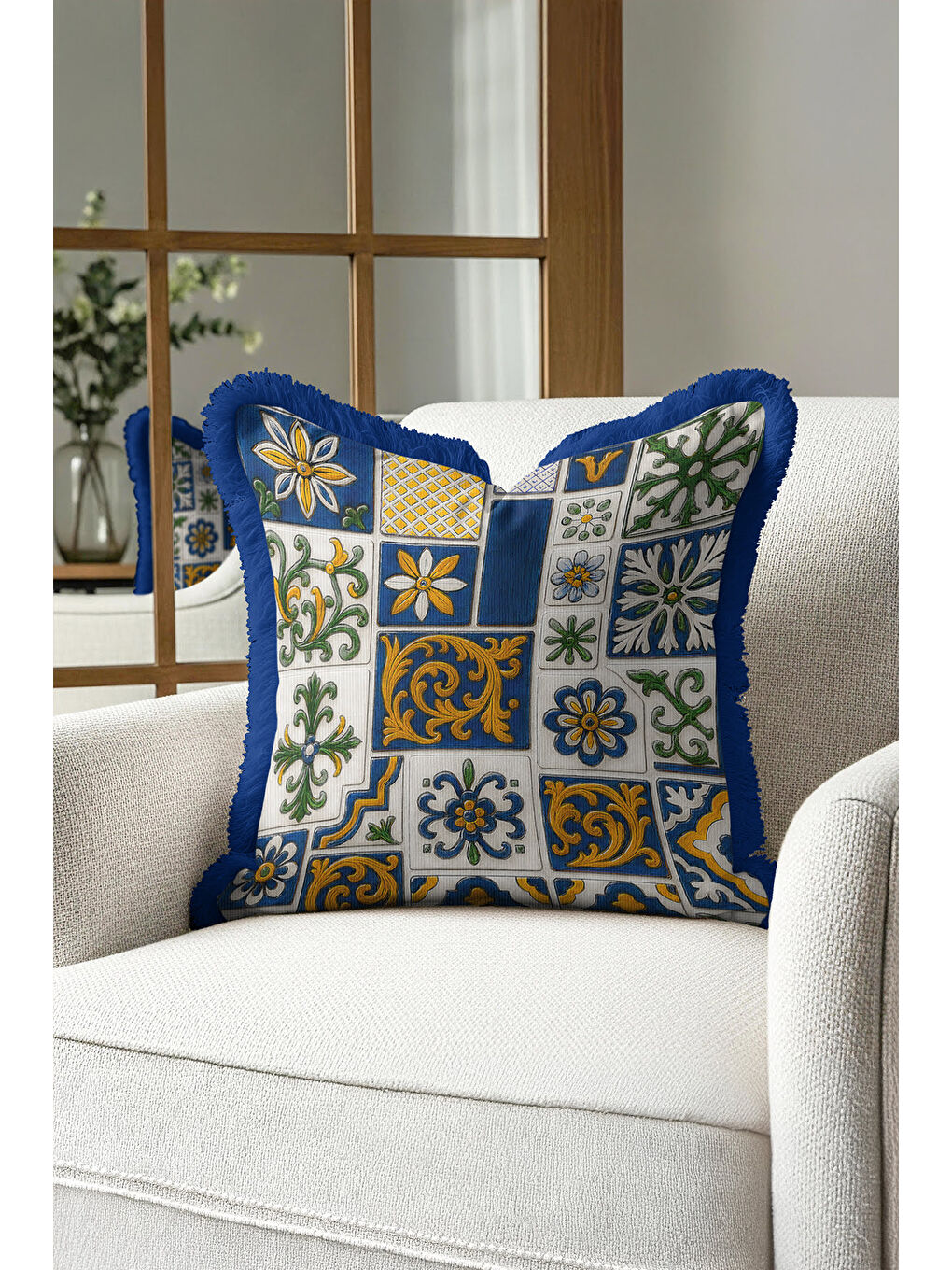 Karışık Akdeniz Motifli Saçaklı Yastık Kılıfı - Çini Esintili Klasik Mavi Gold Püsküllü Kırlent Kılıfı-2