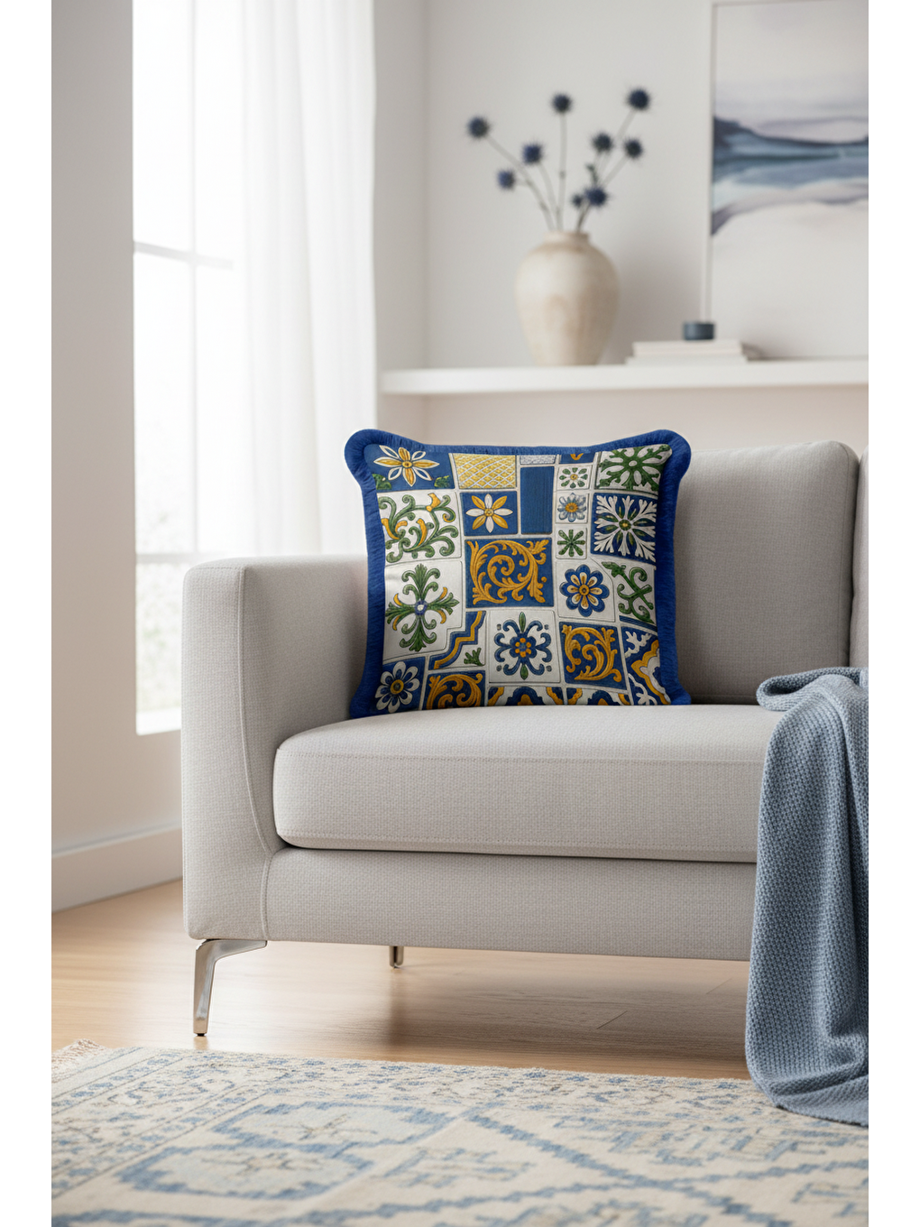 Karışık Akdeniz Motifli Saçaklı Yastık Kılıfı - Çini Esintili Klasik Mavi Gold Püsküllü Kırlent Kılıfı-3