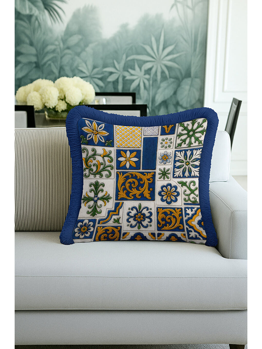 Karışık Akdeniz Motifli Saçaklı Yastık Kılıfı - Çini Esintili Klasik Mavi Gold Püsküllü Kırlent Kılıfı-4