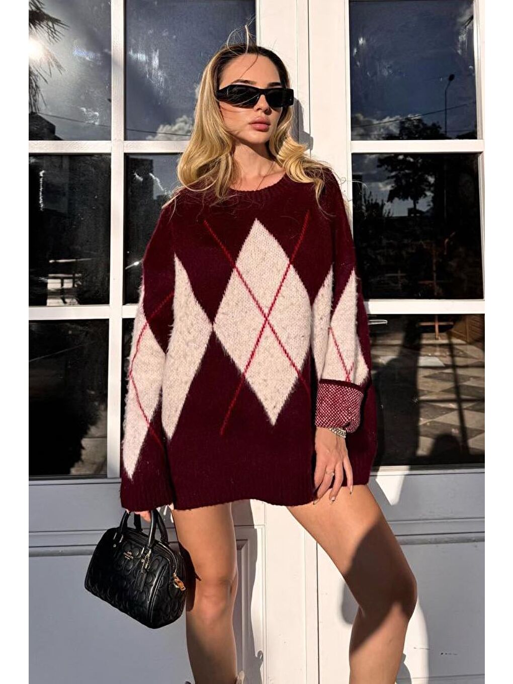 Bordo Bisiklet Yaka Baklava Desen Kadın Kazak Mg2471-2