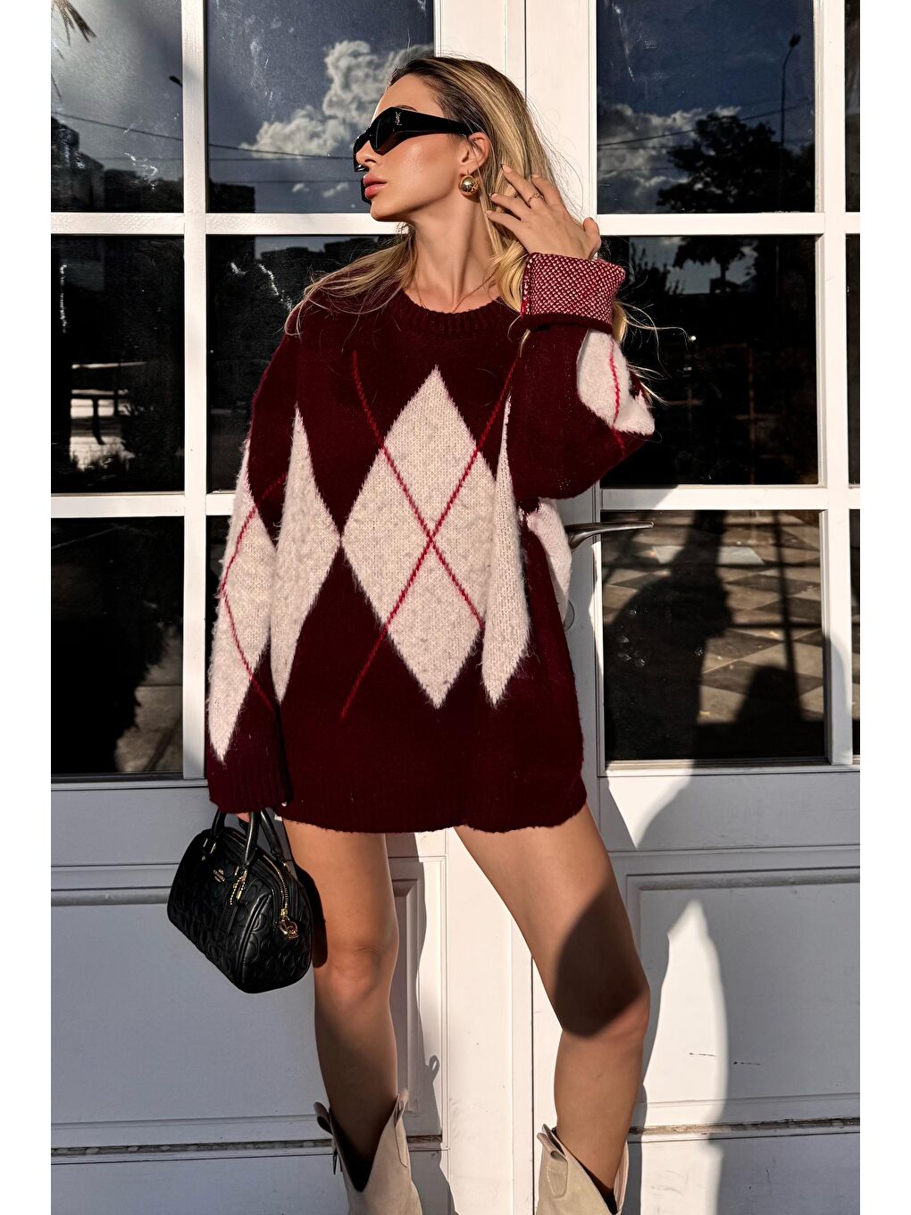 Bordo Bisiklet Yaka Baklava Desen Kadın Kazak Mg2471-3