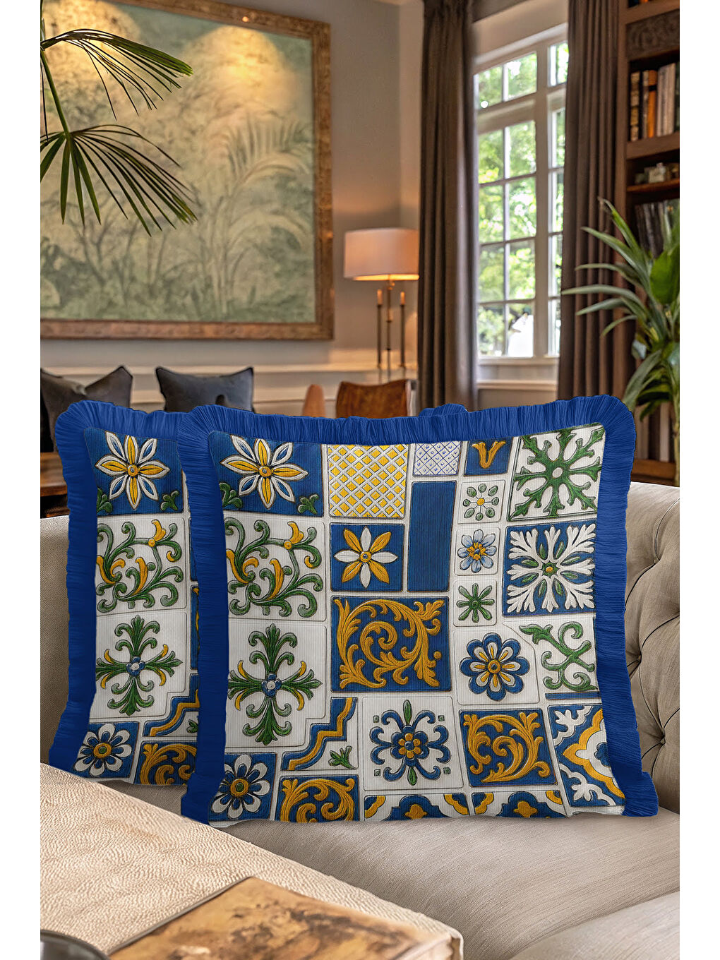 Karışık Akdeniz Motifli Saçaklı Yastık Kılıfı - Çini Esintili Klasik Mavi Gold Püsküllü Kırlent Kılıfı-7