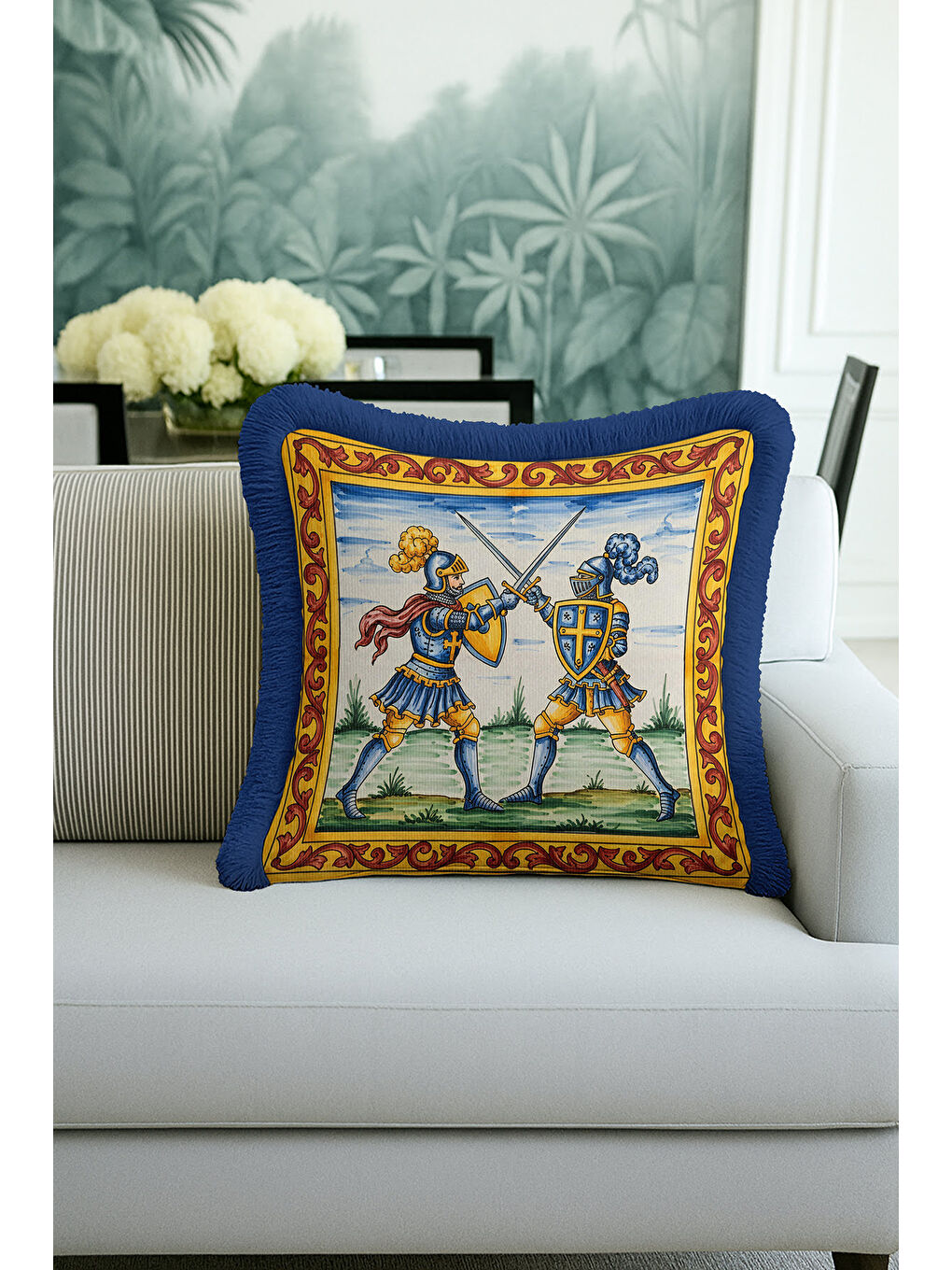 Karışık Orta Çağ Şövalye Figürlü Saçaklı Yastık Kılıfı - Klasik Sanat Retro Gold Püsküllü Kırlent Kılıfı-1
