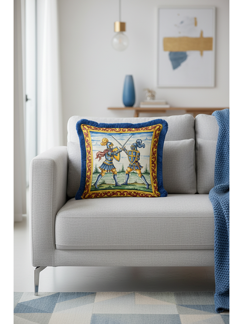 Karışık Orta Çağ Şövalye Figürlü Saçaklı Yastık Kılıfı - Klasik Sanat Retro Gold Püsküllü Kırlent Kılıfı-2