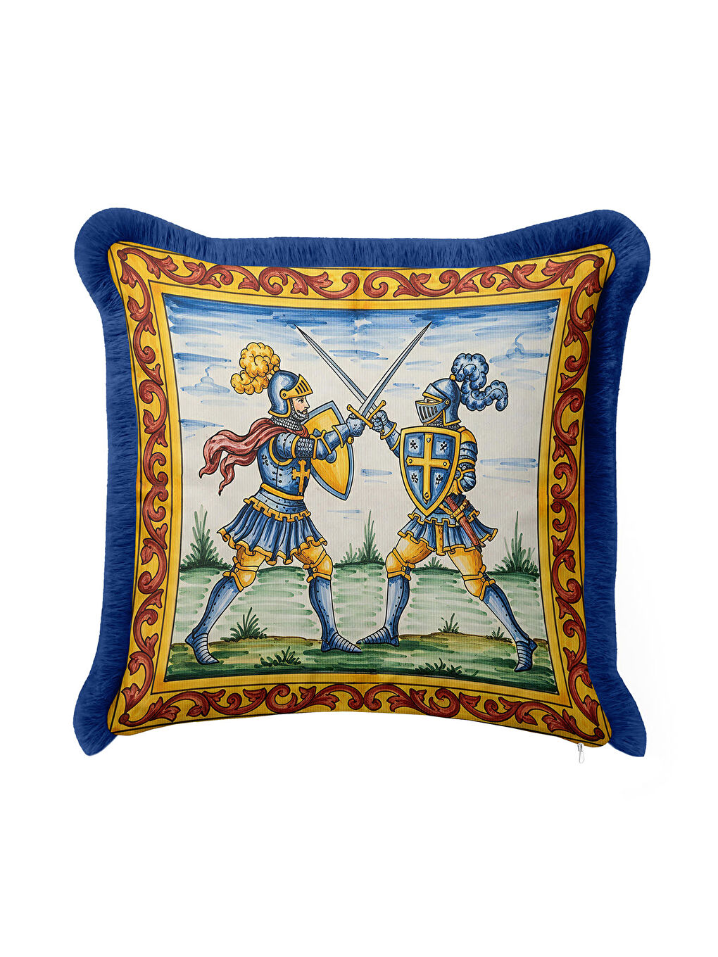 Karışık Orta Çağ Şövalye Figürlü Saçaklı Yastık Kılıfı - Klasik Sanat Retro Gold Püsküllü Kırlent Kılıfı-3