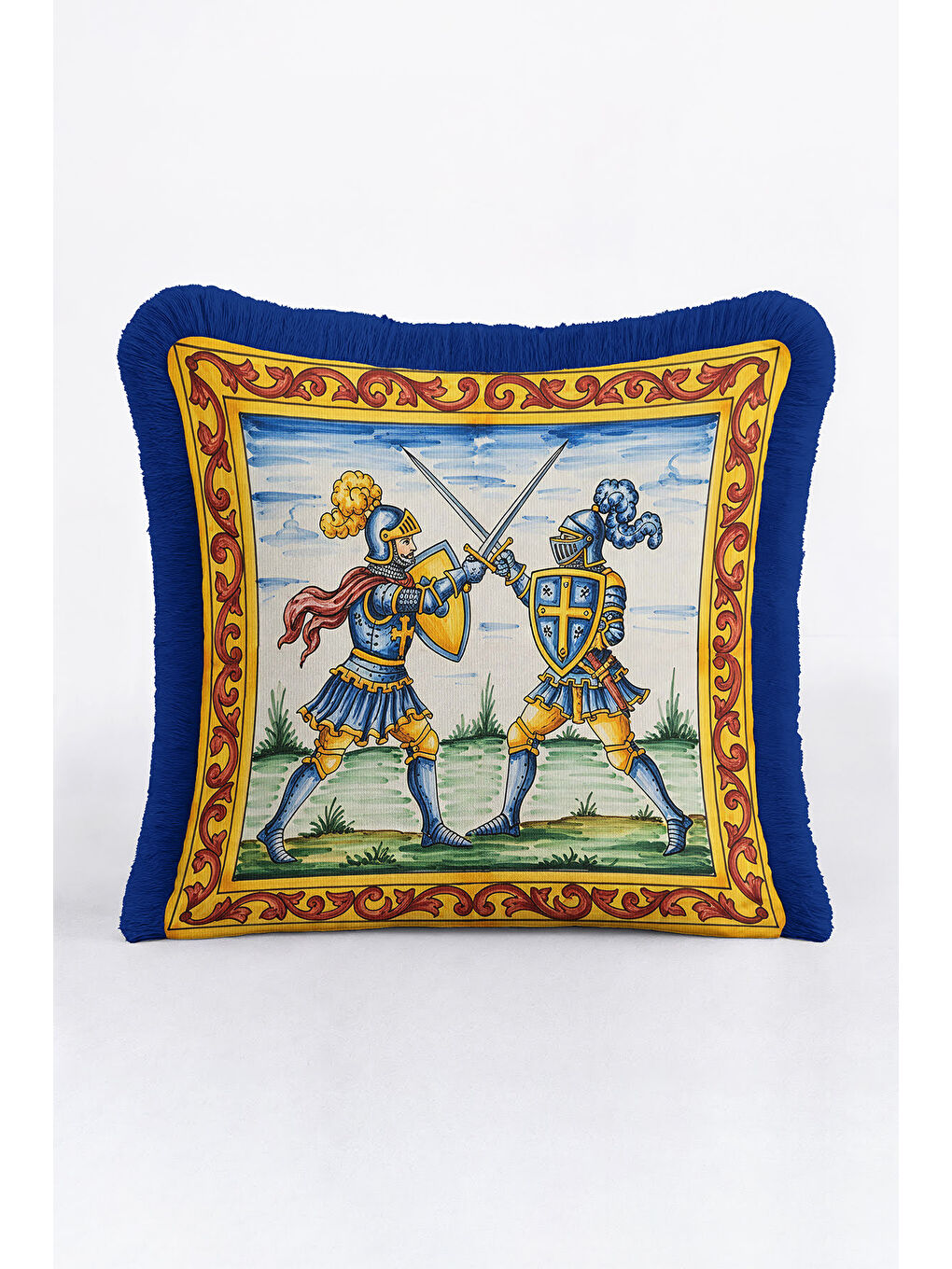 Karışık Orta Çağ Şövalye Figürlü Saçaklı Yastık Kılıfı - Klasik Sanat Retro Gold Püsküllü Kırlent Kılıfı-4