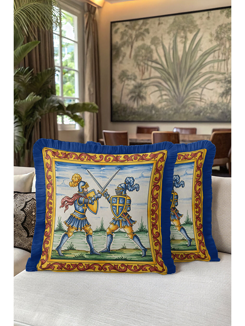 Karışık Orta Çağ Şövalye Figürlü Saçaklı Yastık Kılıfı - Klasik Sanat Retro Gold Püsküllü Kırlent Kılıfı-5