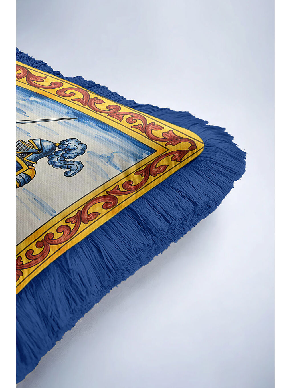 Karışık Orta Çağ Şövalye Figürlü Saçaklı Yastık Kılıfı - Klasik Sanat Retro Gold Püsküllü Kırlent Kılıfı-6