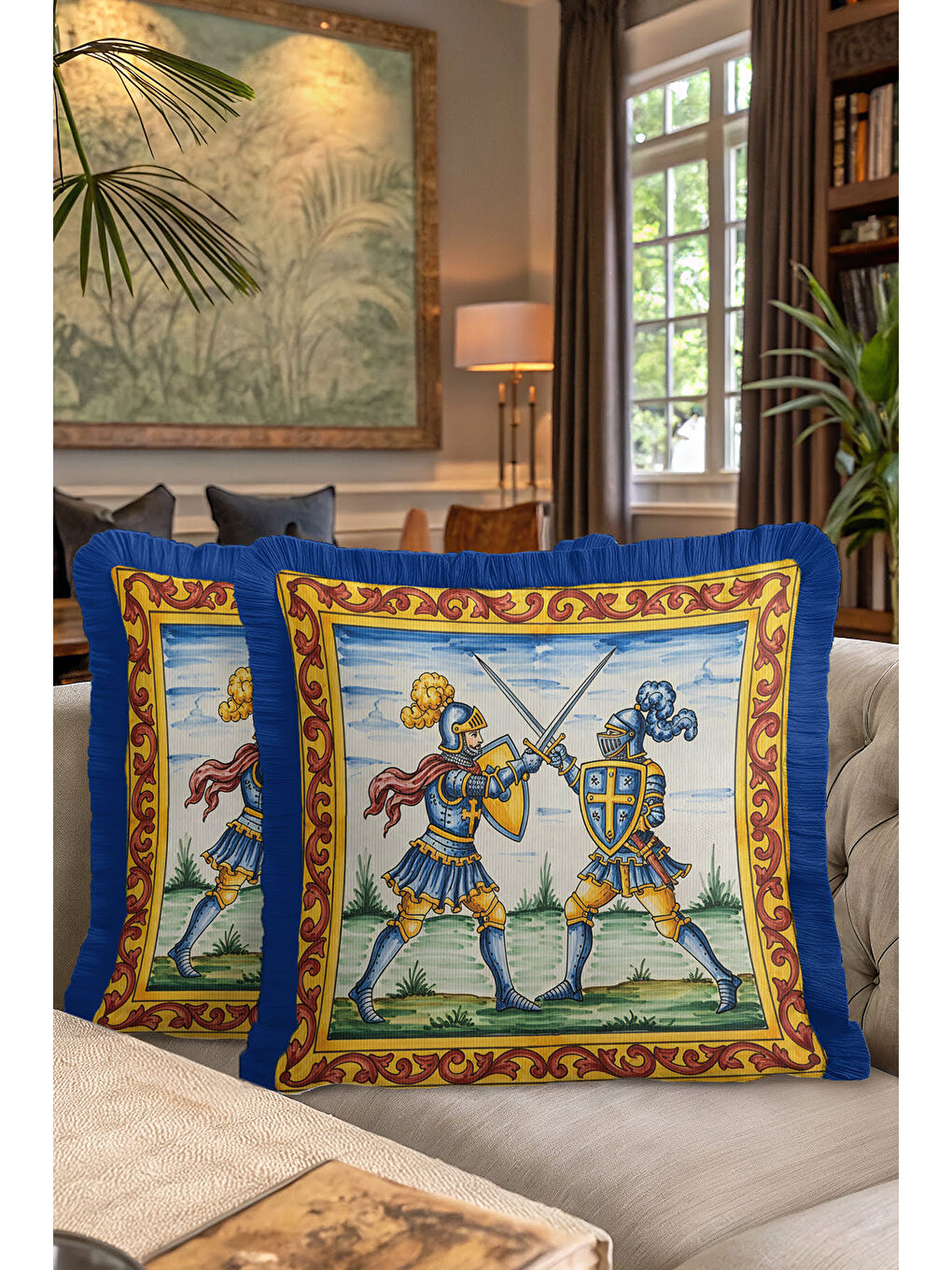 Karışık Orta Çağ Şövalye Figürlü Saçaklı Yastık Kılıfı - Klasik Sanat Retro Gold Püsküllü Kırlent Kılıfı-7