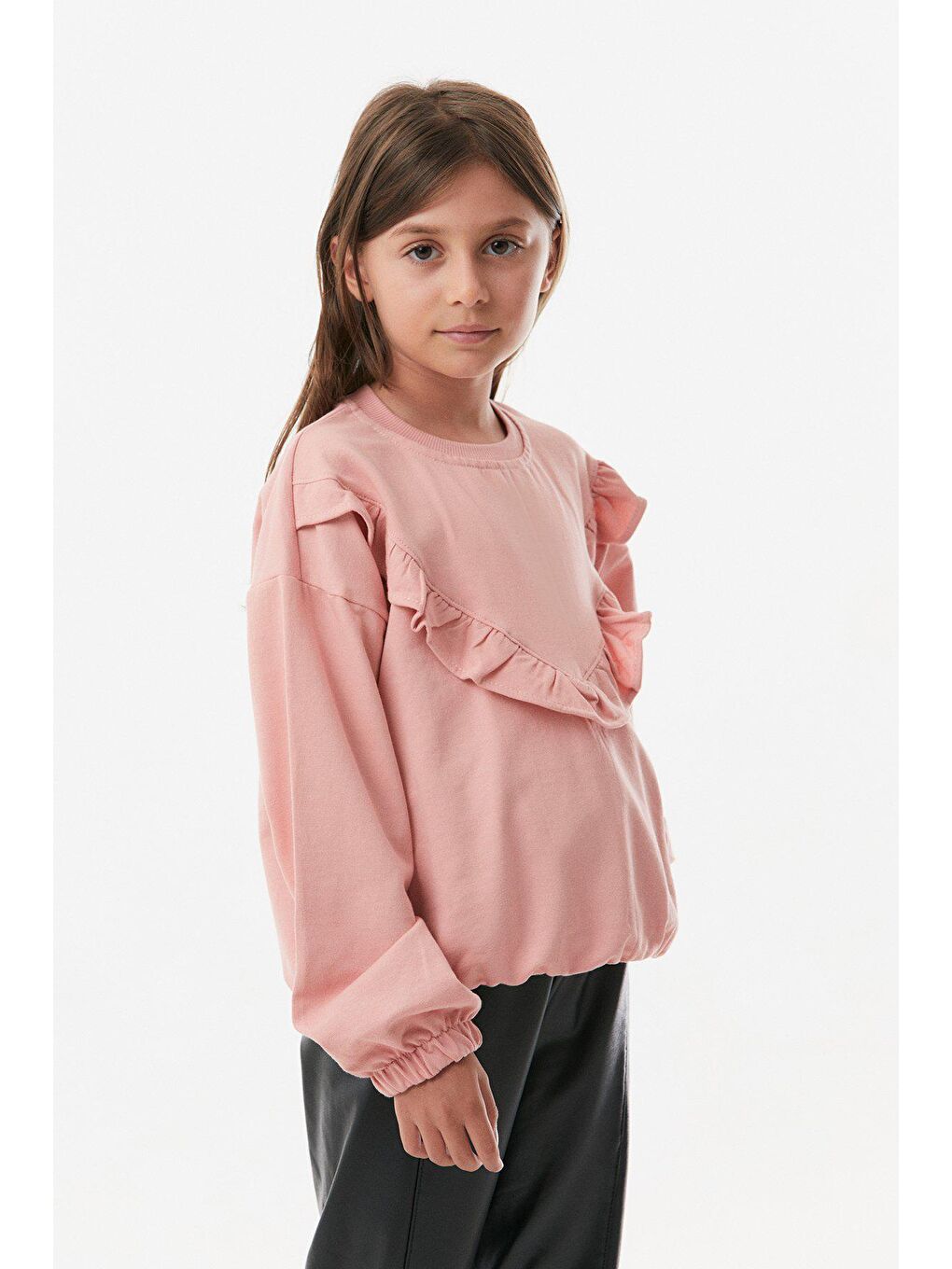 Pembe Suni Deri Fırfırlı Kız Çocuk Takım