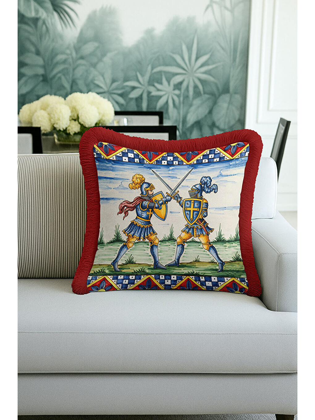 Karışık Orta Çağ Şövalye Figürlü Saçaklı Yastık Kılıfı - Klasik Retro Mavi Kırmızı Püsküllü Kırlent Kılıfı-1