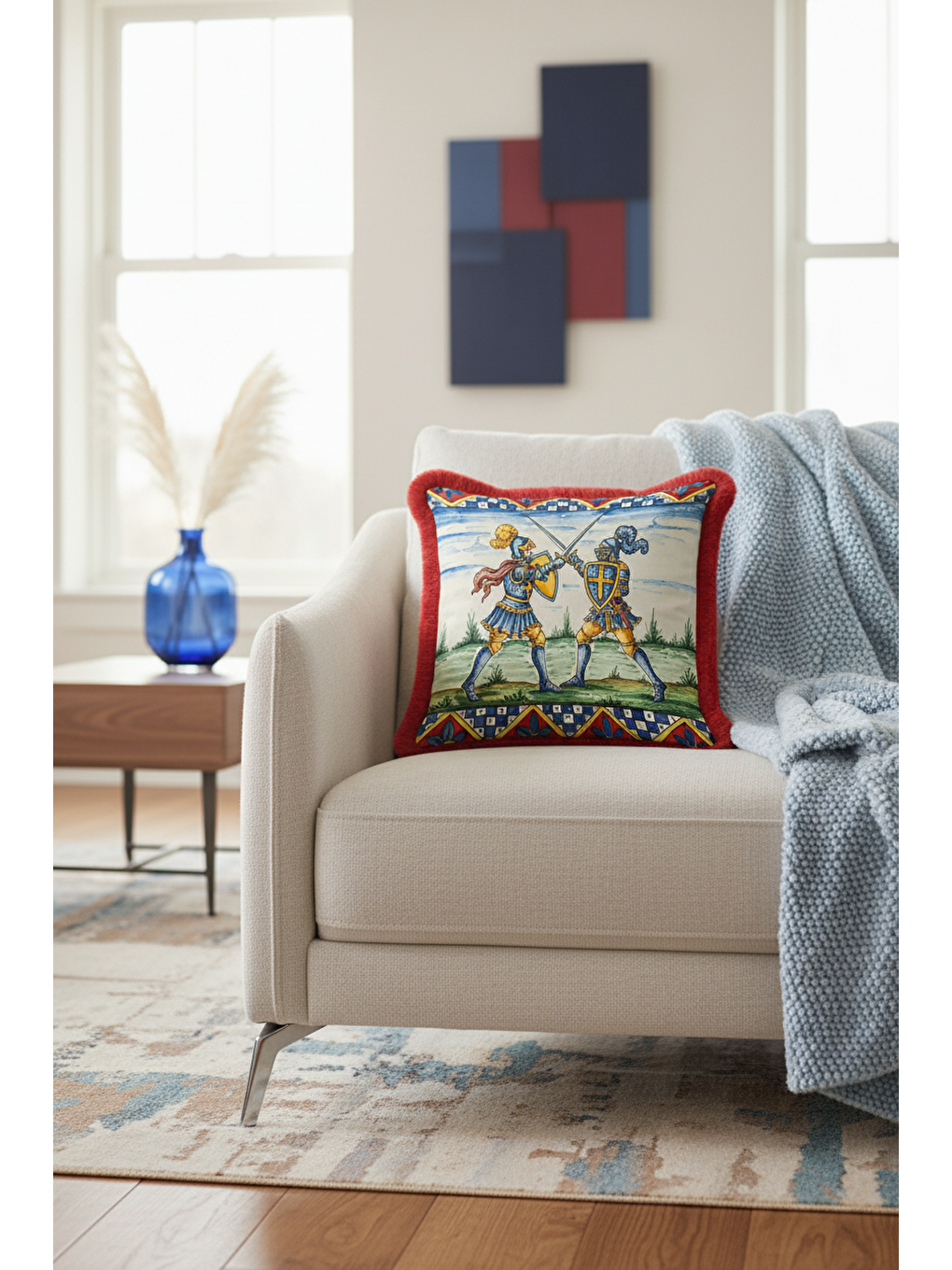 Karışık Orta Çağ Şövalye Figürlü Saçaklı Yastık Kılıfı - Klasik Retro Mavi Kırmızı Püsküllü Kırlent Kılıfı-2
