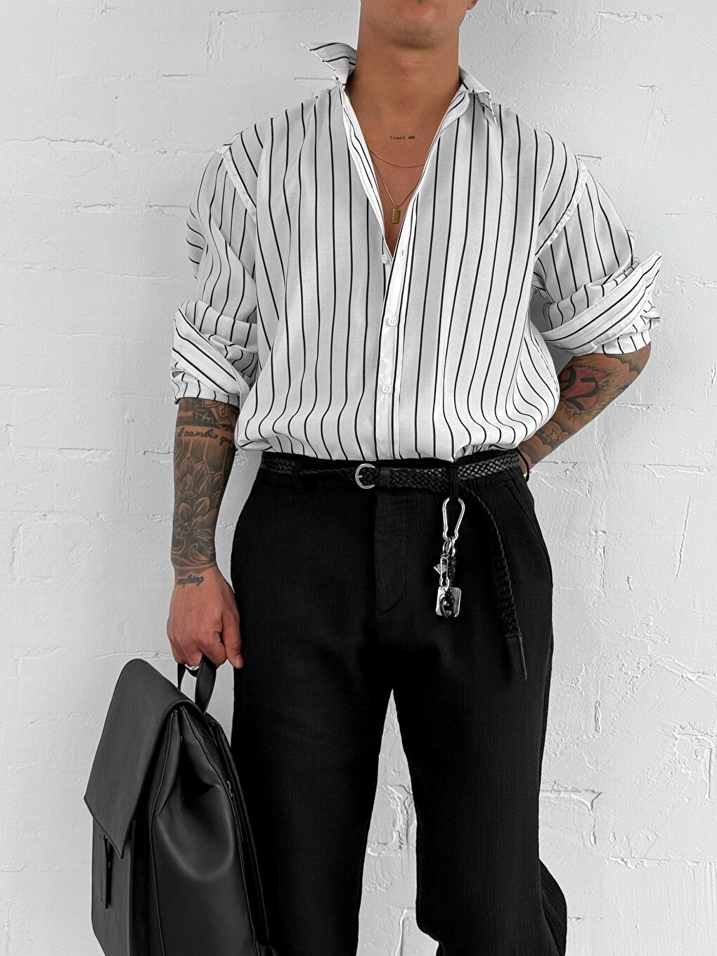 Erkek Nefes Alan Kumaştan Çizgili Rahat Oversize Gömlek Beyaz-1