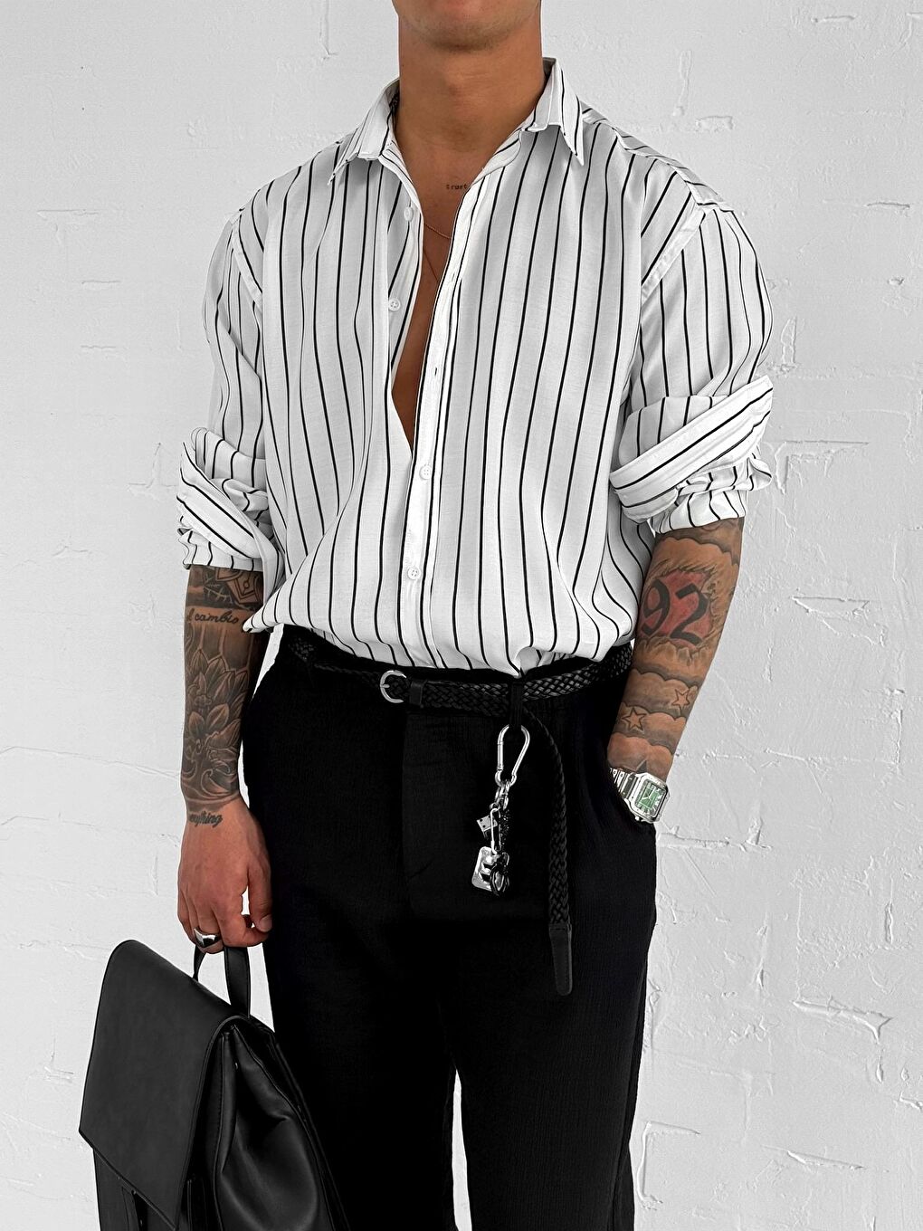 Erkek Nefes Alan Kumaştan Çizgili Rahat Oversize Gömlek Beyaz-2