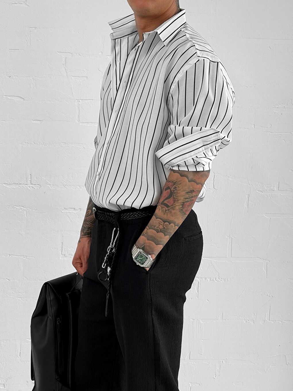 Erkek Nefes Alan Kumaştan Çizgili Rahat Oversize Gömlek Beyaz-4