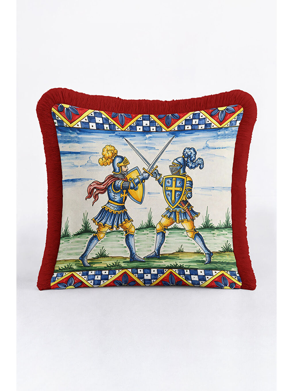 Karışık Orta Çağ Şövalye Figürlü Saçaklı Yastık Kılıfı - Klasik Retro Mavi Kırmızı Püsküllü Kırlent Kılıfı-3