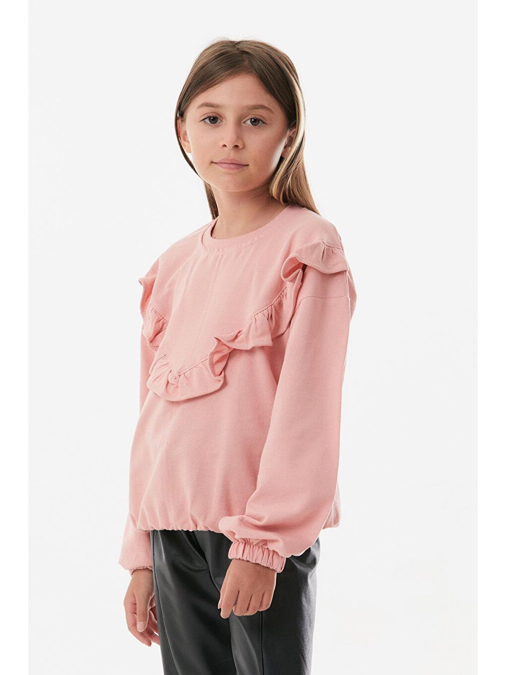 Pembe Suni Deri Fırfırlı Kız Çocuk Takım-2