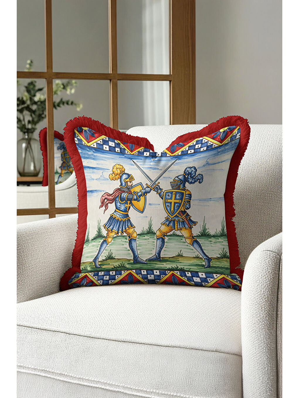 Karışık Orta Çağ Şövalye Figürlü Saçaklı Yastık Kılıfı - Klasik Retro Mavi Kırmızı Püsküllü Kırlent Kılıfı-4