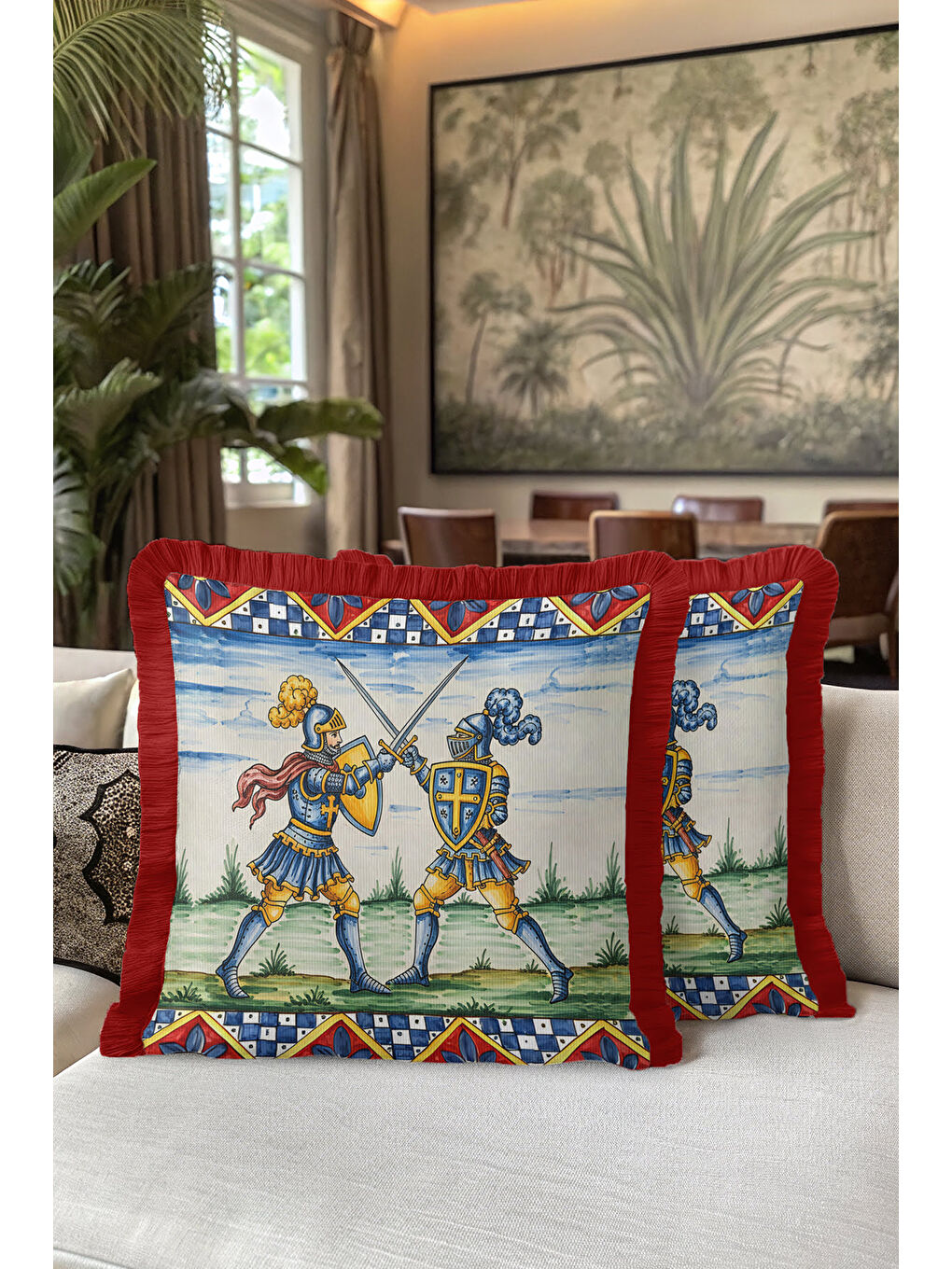 Karışık Orta Çağ Şövalye Figürlü Saçaklı Yastık Kılıfı - Klasik Retro Mavi Kırmızı Püsküllü Kırlent Kılıfı-5