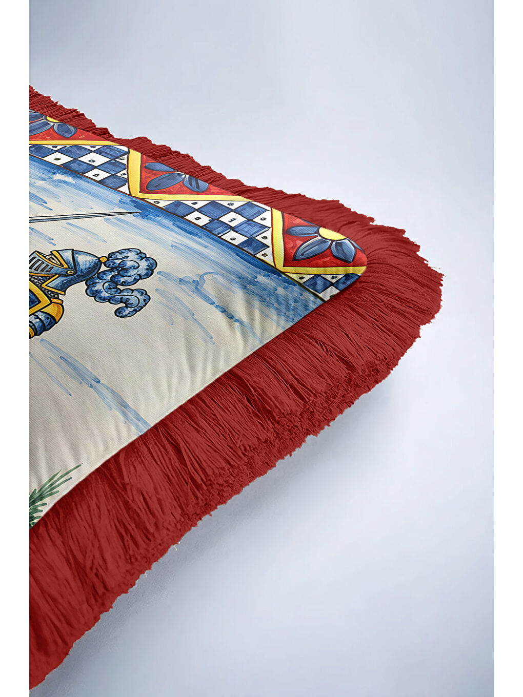 Karışık Orta Çağ Şövalye Figürlü Saçaklı Yastık Kılıfı - Klasik Retro Mavi Kırmızı Püsküllü Kırlent Kılıfı-6