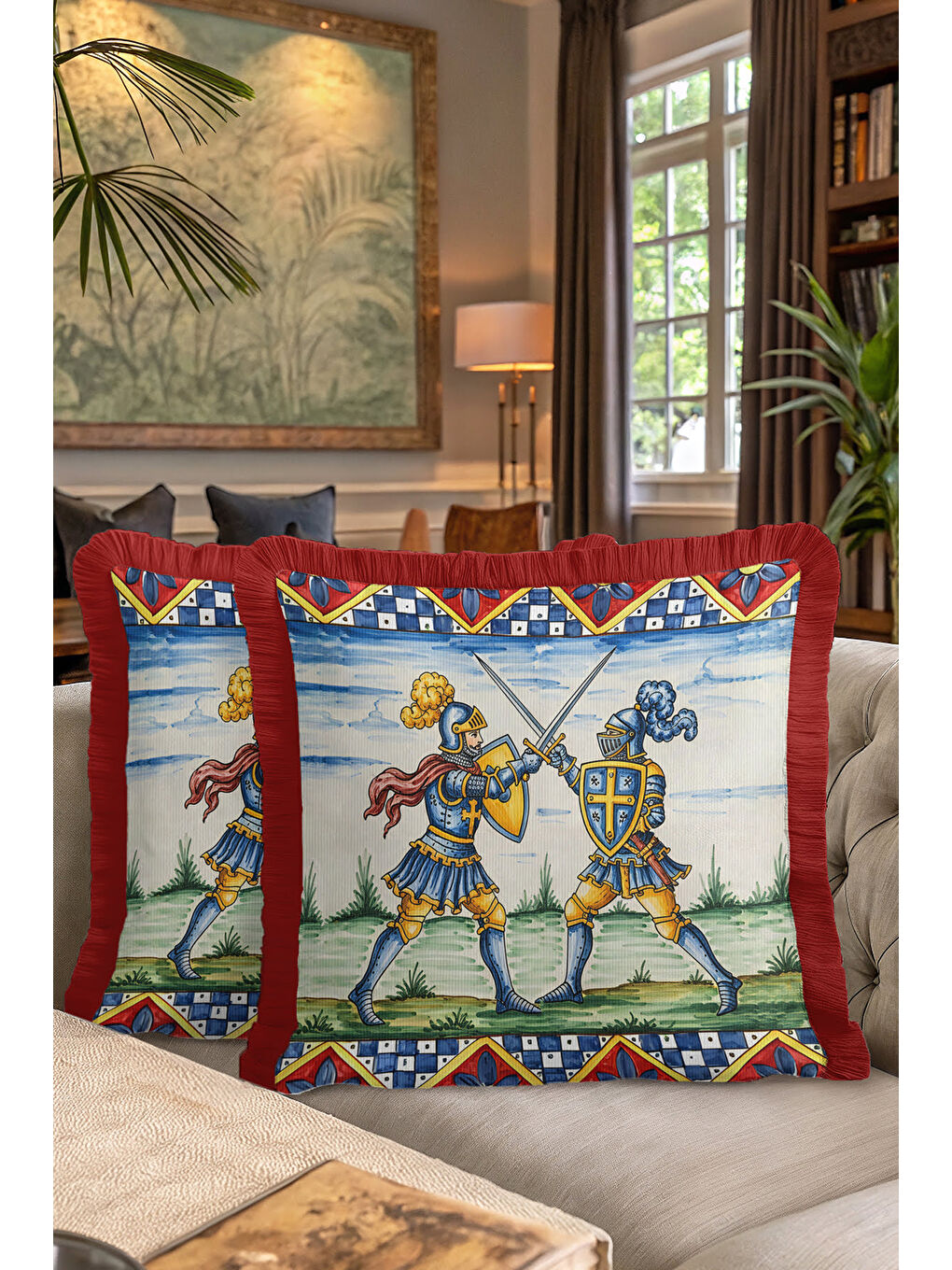 Karışık Orta Çağ Şövalye Figürlü Saçaklı Yastık Kılıfı - Klasik Retro Mavi Kırmızı Püsküllü Kırlent Kılıfı-7