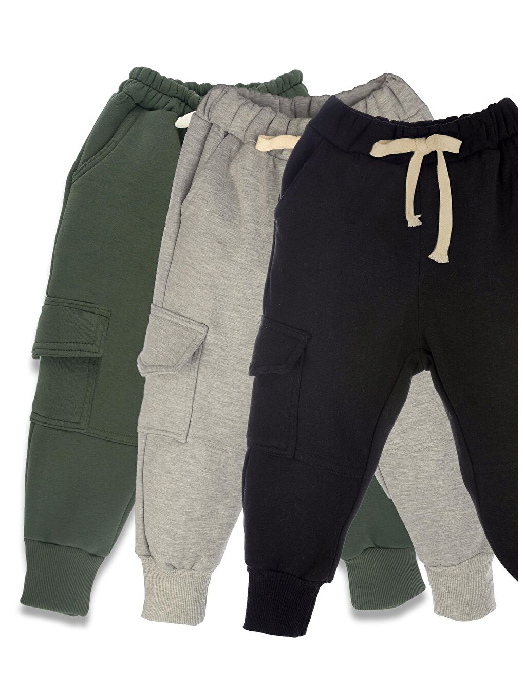 Yeşil 3'lü Paket Erkek Çocuk Eşofman Altı 3 iplik Şardonlu (Haki, Gri, Siyah )