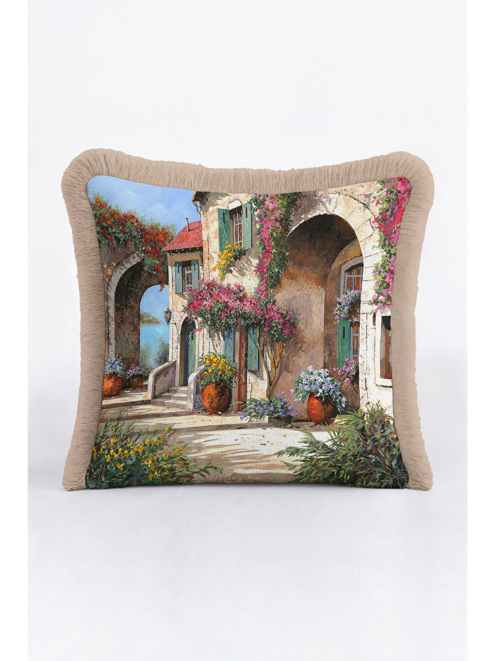 Karışık Akdeniz Esintisi Saçaklı Yastık Kılıfı - Bahar Bahçesi Rustik Bej Püsküllü Kırlent Kılıfı
