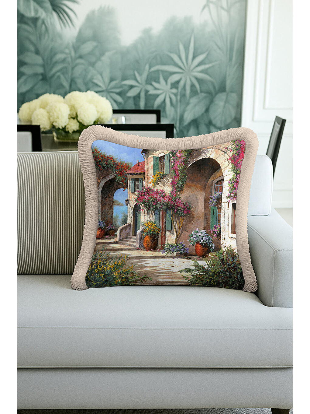 Karışık Akdeniz Esintisi Saçaklı Yastık Kılıfı - Bahar Bahçesi Rustik Bej Püsküllü Kırlent Kılıfı-1
