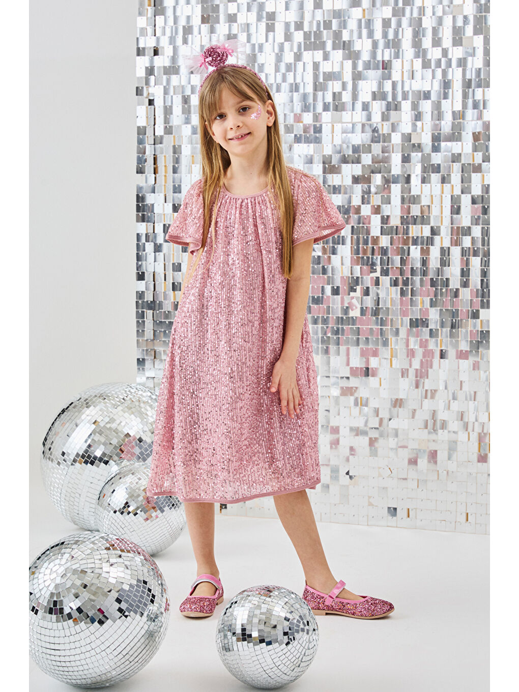 Pembe Pul Payetli Kız Çocuk Elbise-Siri