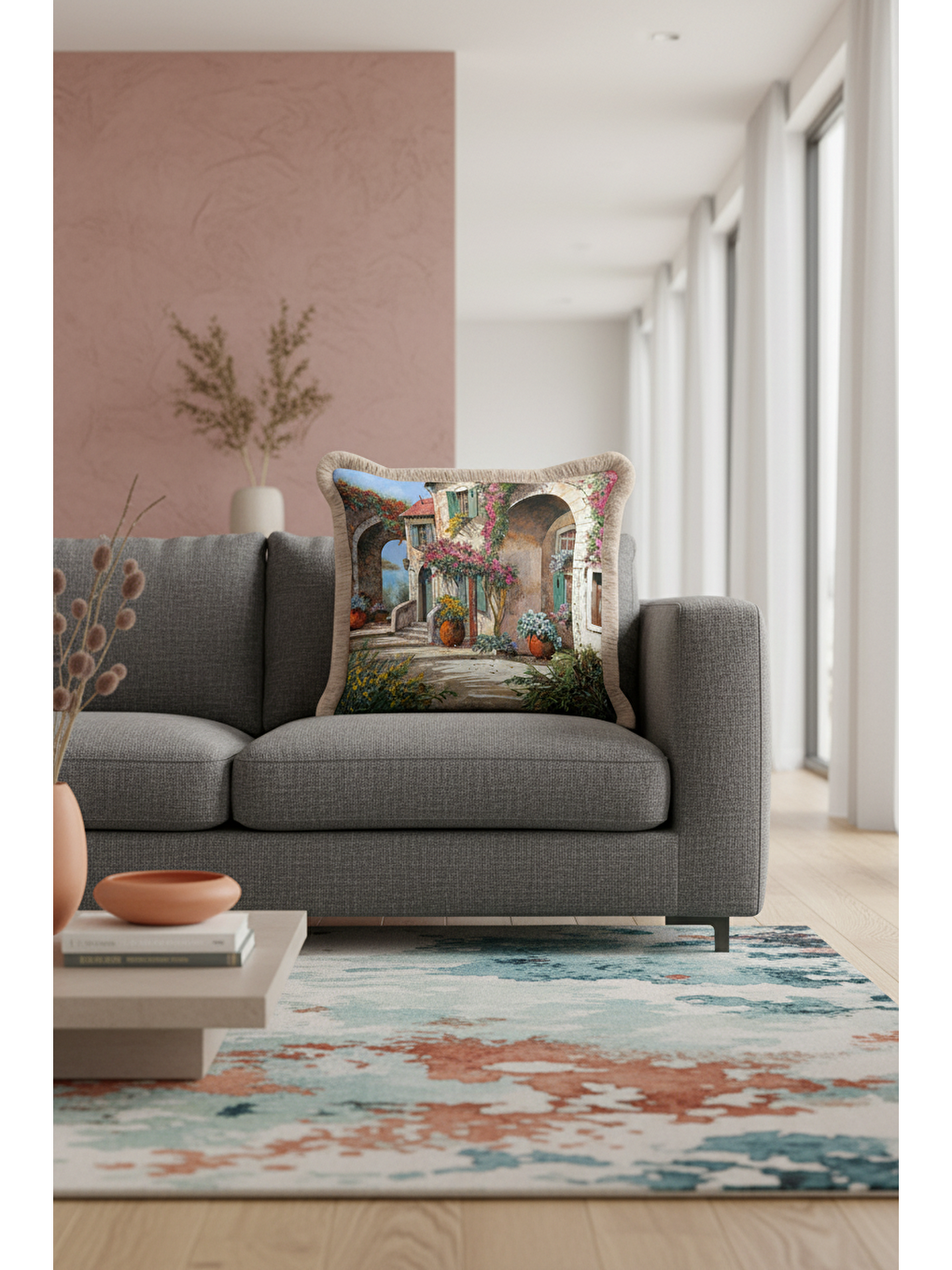 Karışık Akdeniz Esintisi Saçaklı Yastık Kılıfı - Bahar Bahçesi Rustik Bej Püsküllü Kırlent Kılıfı-2