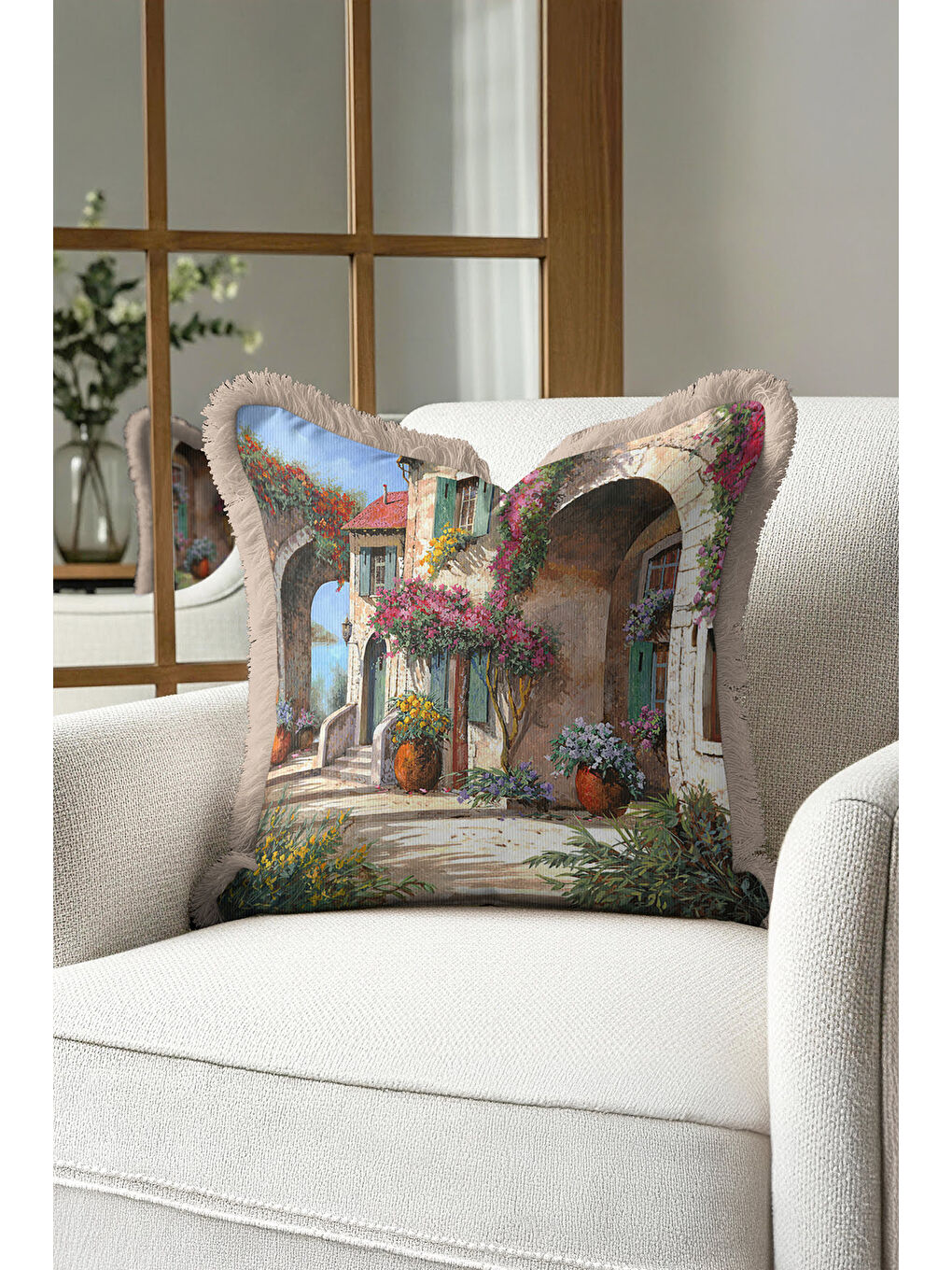 Karışık Akdeniz Esintisi Saçaklı Yastık Kılıfı - Bahar Bahçesi Rustik Bej Püsküllü Kırlent Kılıfı-3