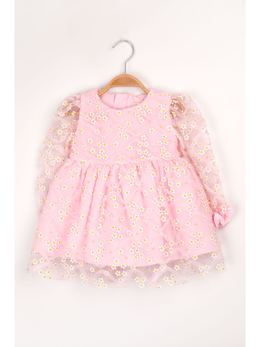 Pembe Uzun Kollu Papatyalı Tül Detaylı Kız Çocuk Elbise - Hera-1