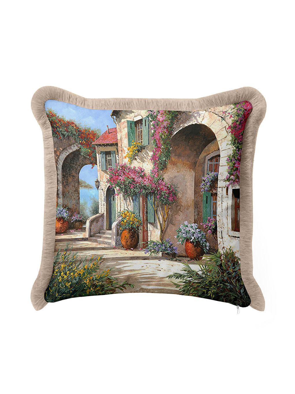 Karışık Akdeniz Esintisi Saçaklı Yastık Kılıfı - Bahar Bahçesi Rustik Bej Püsküllü Kırlent Kılıfı-4