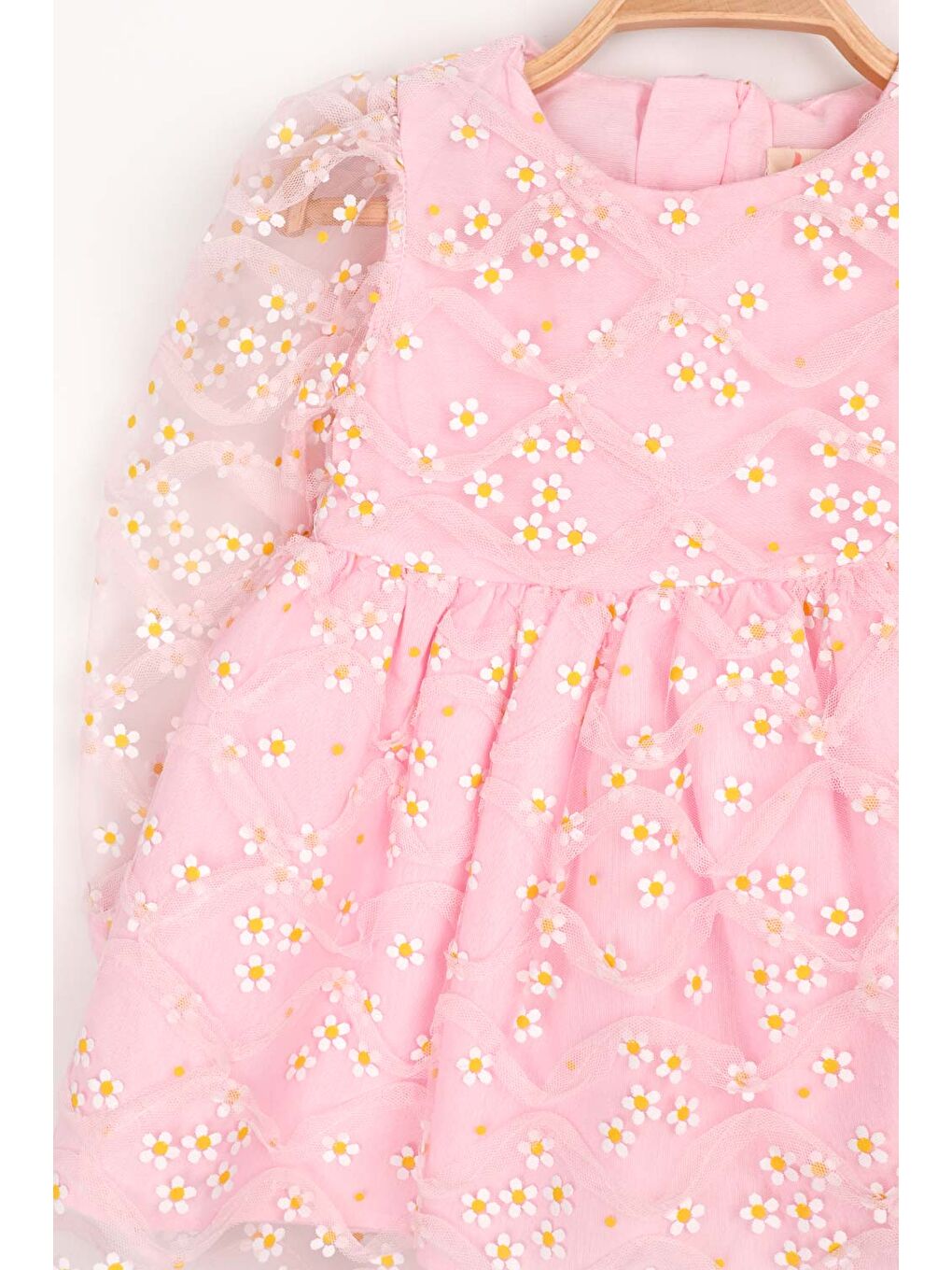 Pembe Uzun Kollu Papatyalı Tül Detaylı Kız Çocuk Elbise - Hera-3